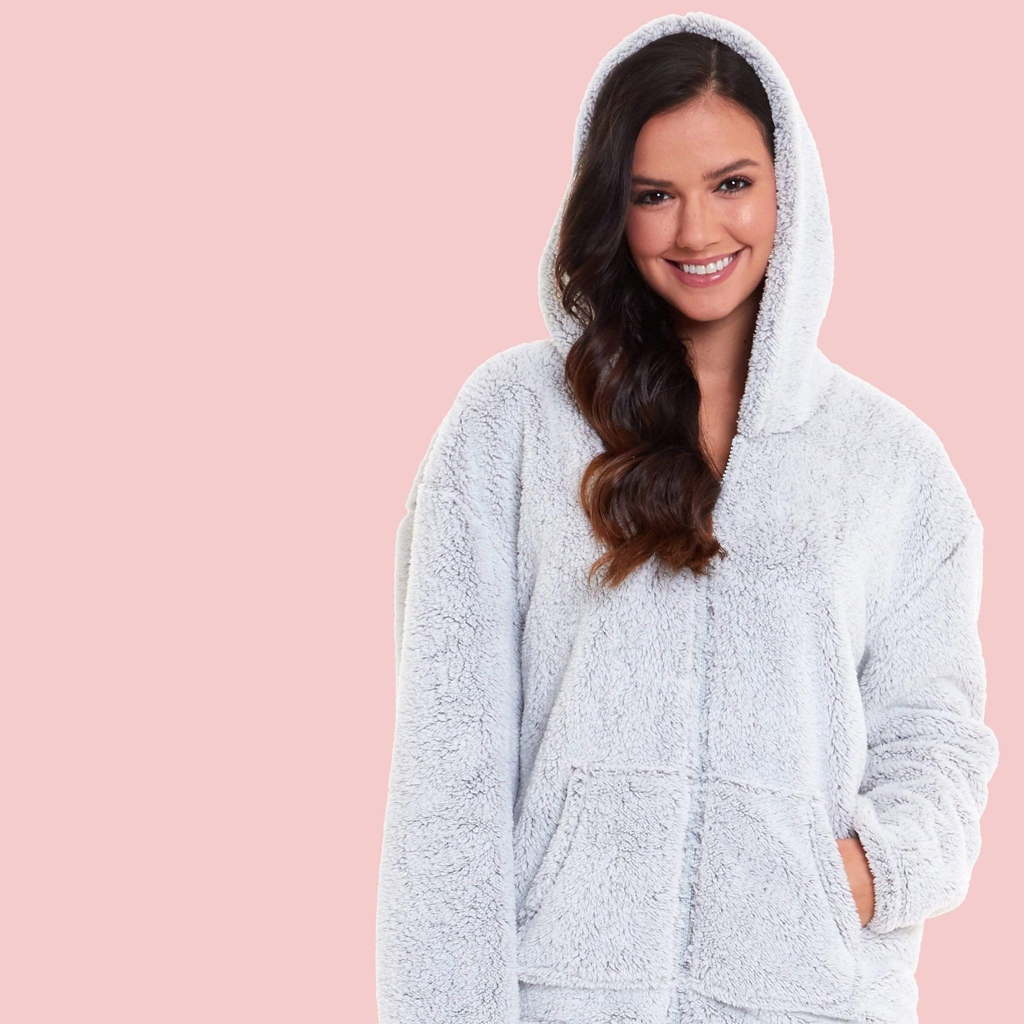 Soft Grey Plush Fleece Hooded Pyjama Set with Zipped Front for Winter Loungewear Ultra-Warm Teddy Fabric Sleepwear Multiple Sizes by Daisy Dreamer