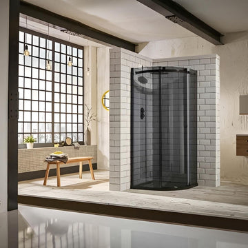 Sphere Curved Quadrant Shower Enclosure, Tinted Glass w/ Cut-Out Top Panel & Sliding Door