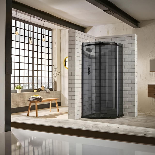 Sphere Curved Quadrant Shower Enclosure, Tinted Glass w/ Cut-Out Top Panel & Sliding Door