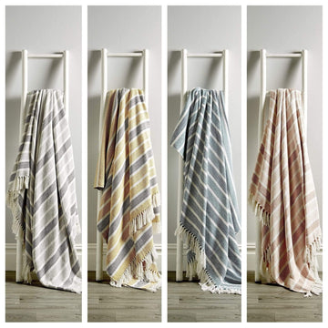 Stripe Handwoven Pure Cotton Throw Blanket with Tassells Eco-Friendly Perfect for Sofa Bed and Home Decor Available in Multiple Sizes and Calming Colours by OLIVIA ROCCO