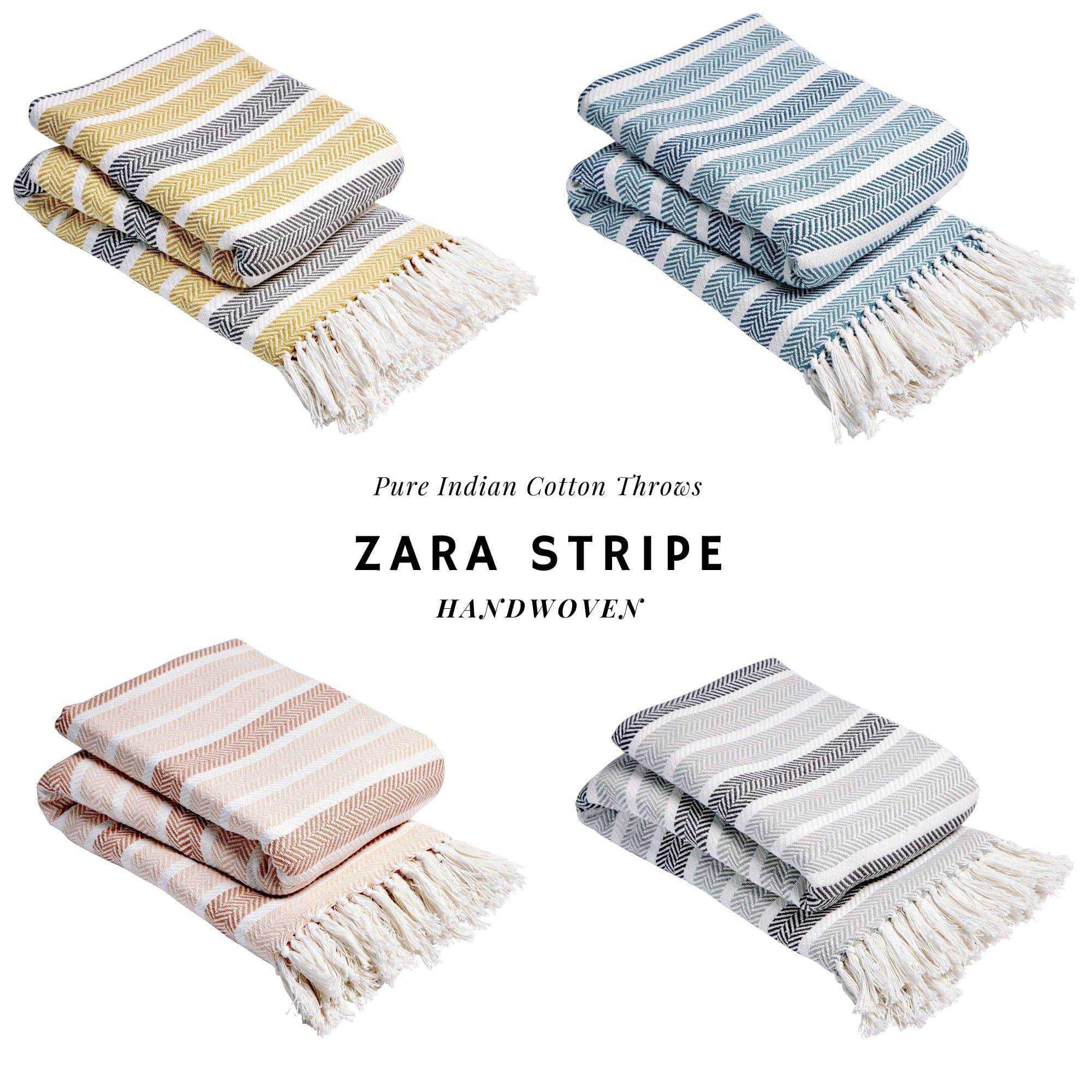 Stripe Handwoven Pure Cotton Throw Blanket with Tassells Eco-Friendly Perfect for Sofa Bed and Home Decor Available in Multiple Sizes and Calming Colours by OLIVIA ROCCO