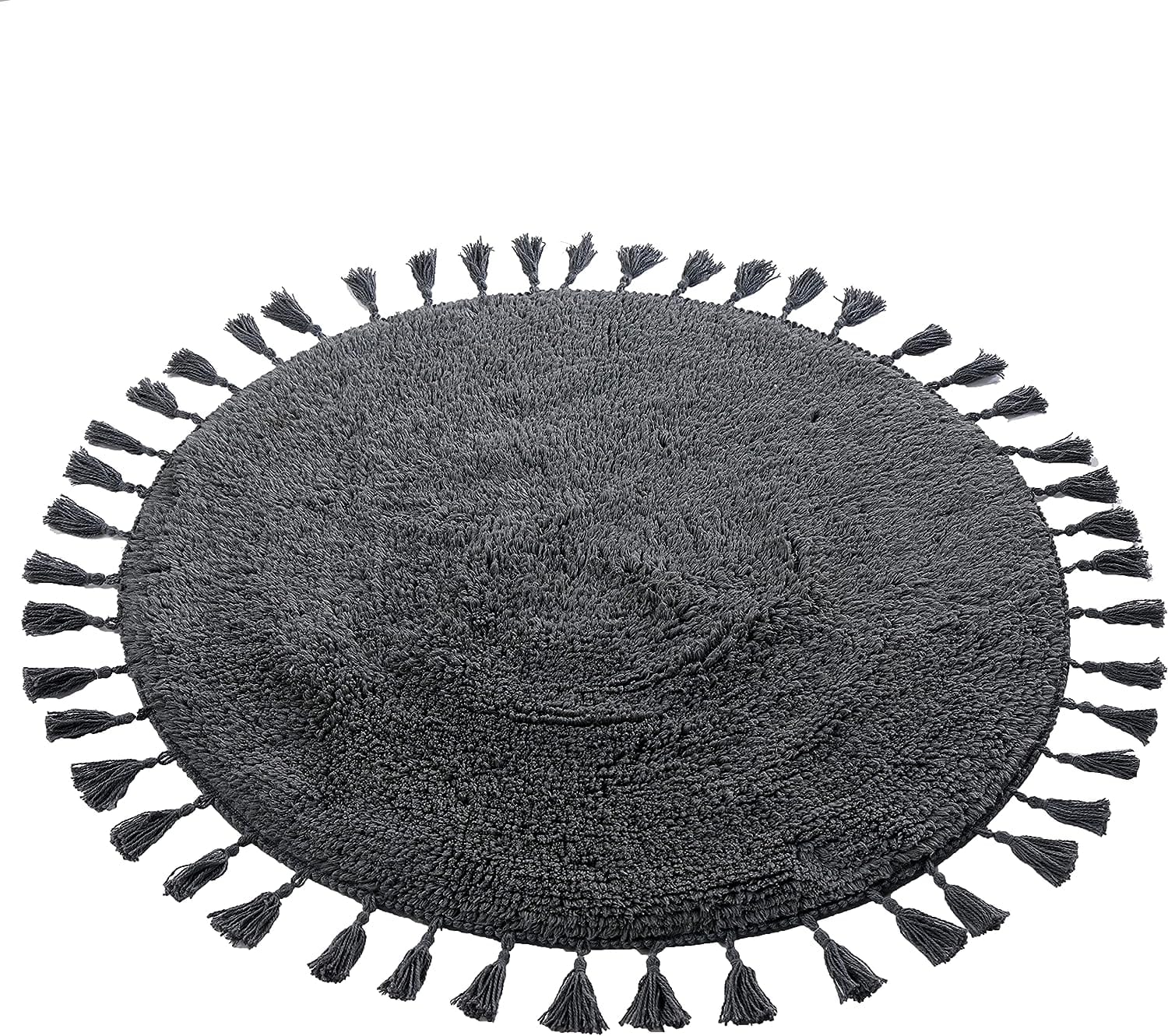 Super Soft Absorbent Non-Slip Round Tasselled Bath Mat 100% Cotton Bathroom Rug in Duck Egg Grey Natural and White by OLIVIA ROCCO