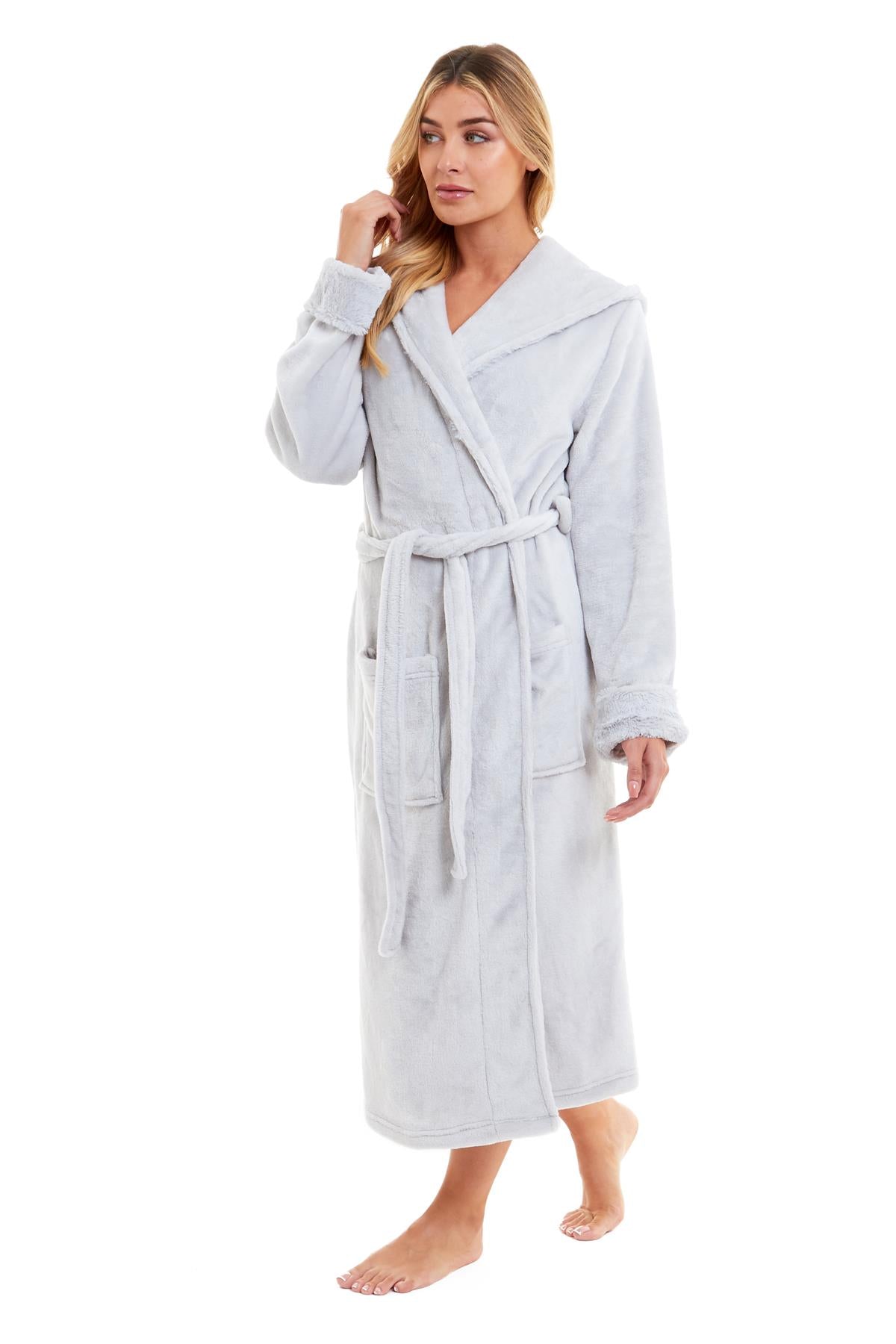 Super Soft Women's Faux Fur Hooded Bathrobe Plush Fleece Ultra-Absorbent Dressing Gown for Home Spa Gym Hotel in Pink or Grey Sizes S-XL by Daisy Dreamer