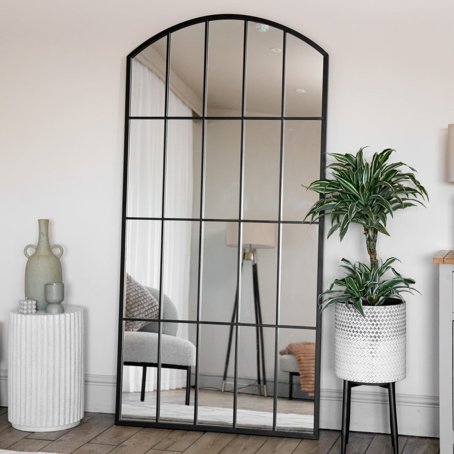 Tomi - Full Length Black Metal Arched Lattice Window Mirror - 180cm x 90cm