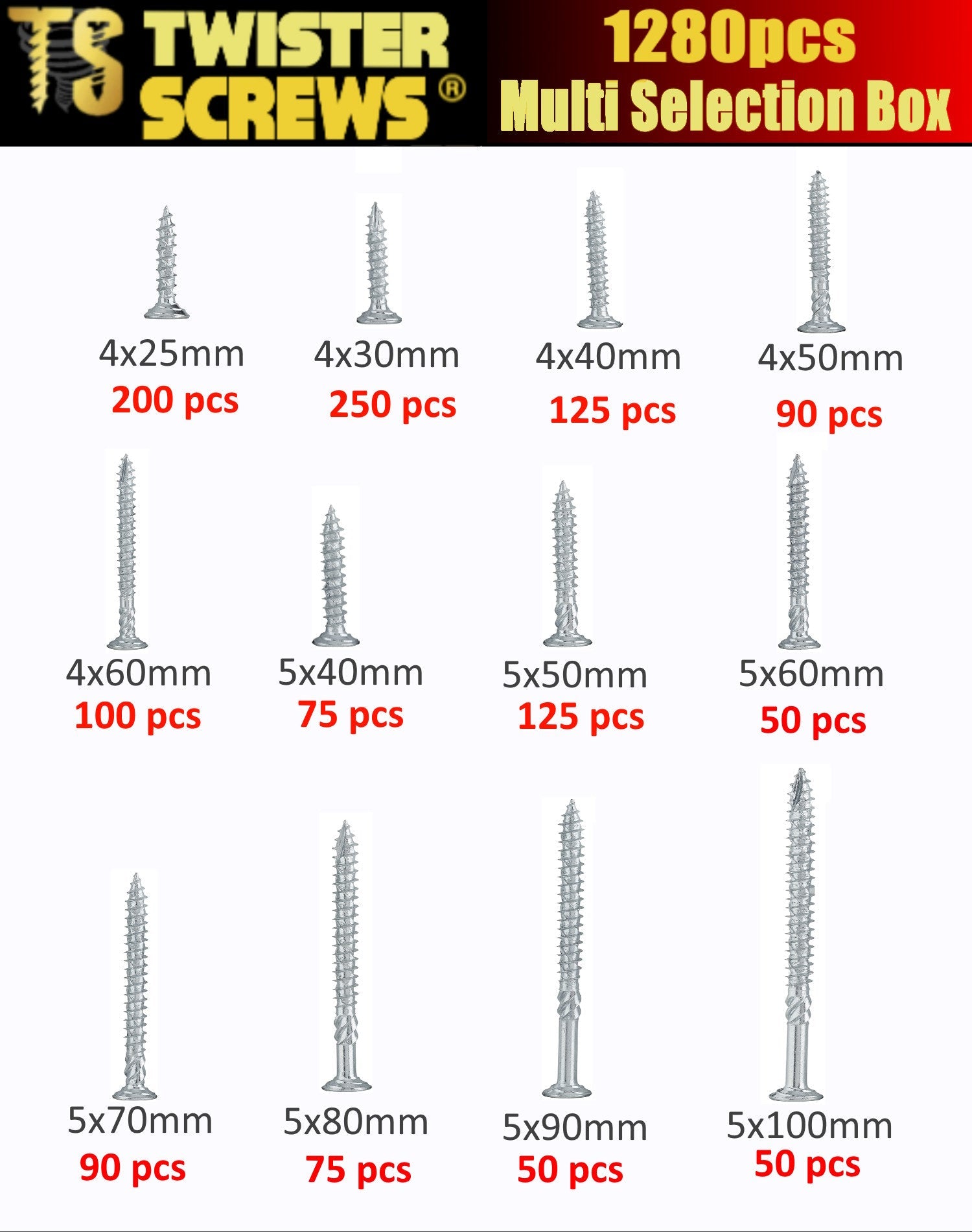 Twister Screws MultiBox – 1,280-Piece Zinc-Coated Wood Screws, 12 Sizes, Self-Countersinking, Type 17 Point, Pozi Drive, U-Thread, Includes 5 PZ2 Bits, Organizer Box for DIY & Indoor Projects