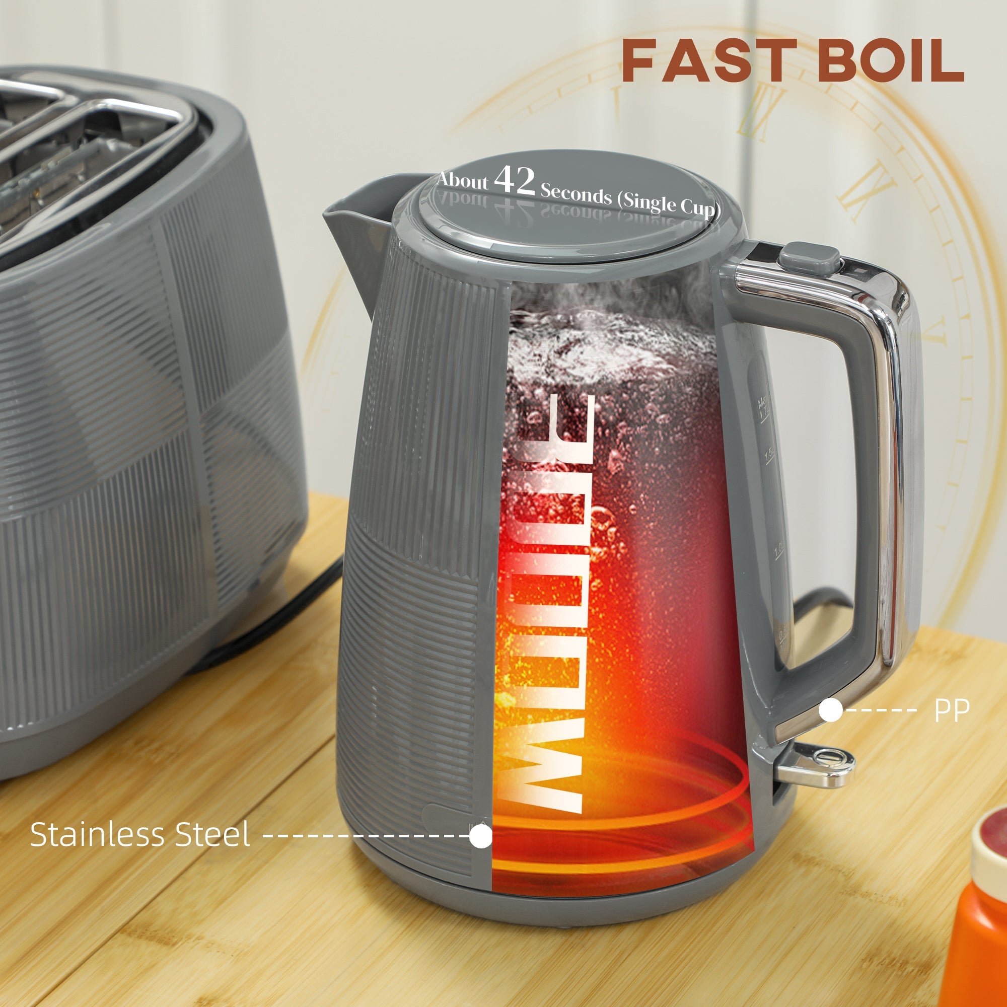 HOMCOM 1.7L Fast Boil Electric Kettle and 2 Slice Water Toaster Set, Grey