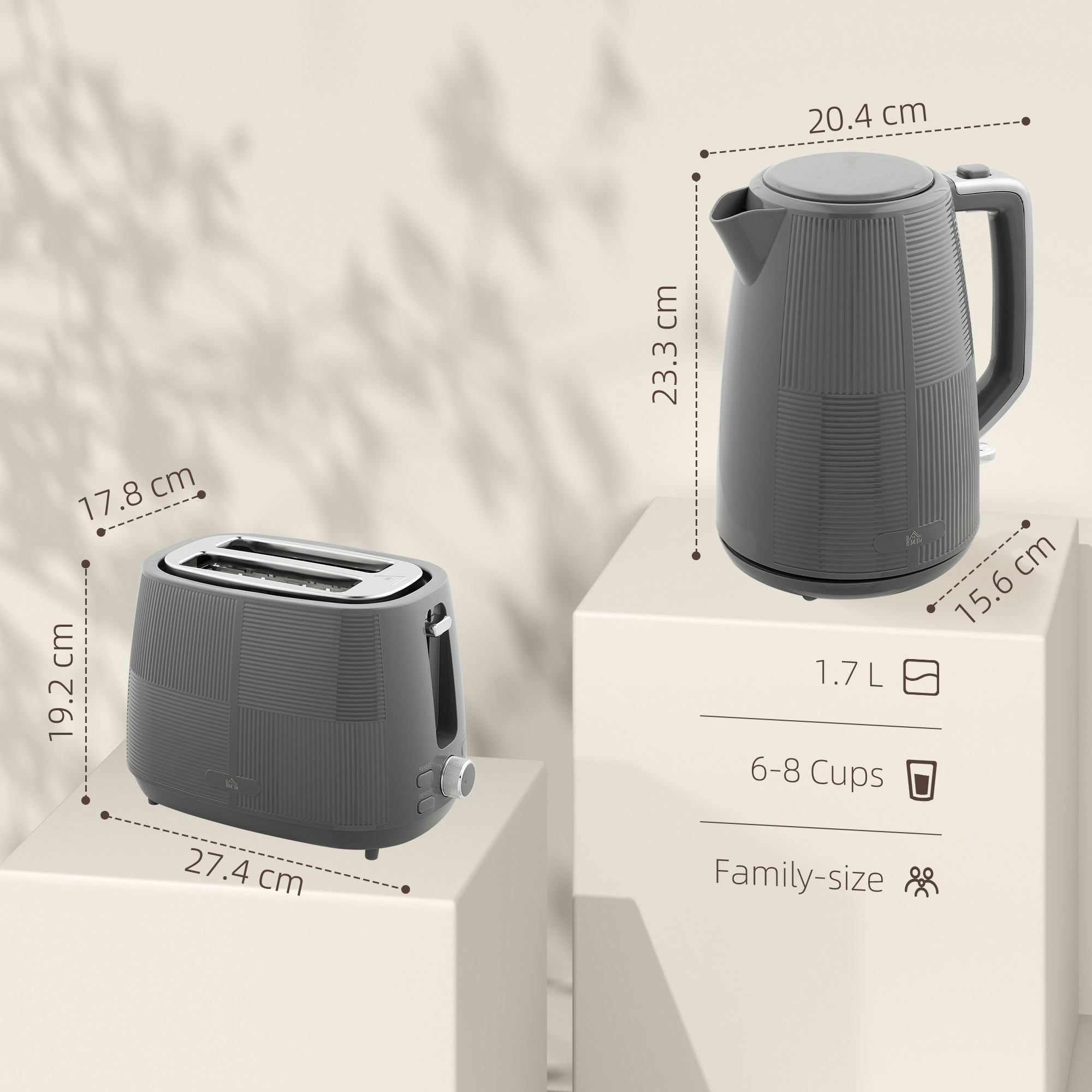HOMCOM 1.7L Fast Boil Electric Kettle and 2 Slice Water Toaster Set, Grey
