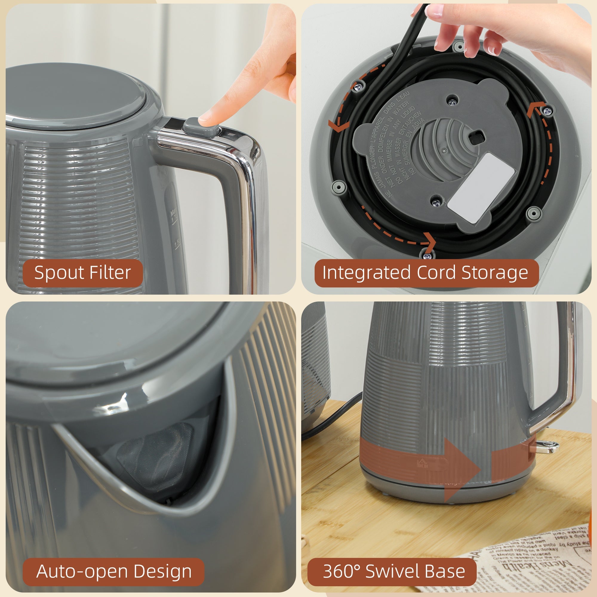 HOMCOM 1.7L Fast Boil Electric Kettle and 2 Slice Water Toaster Set, Grey