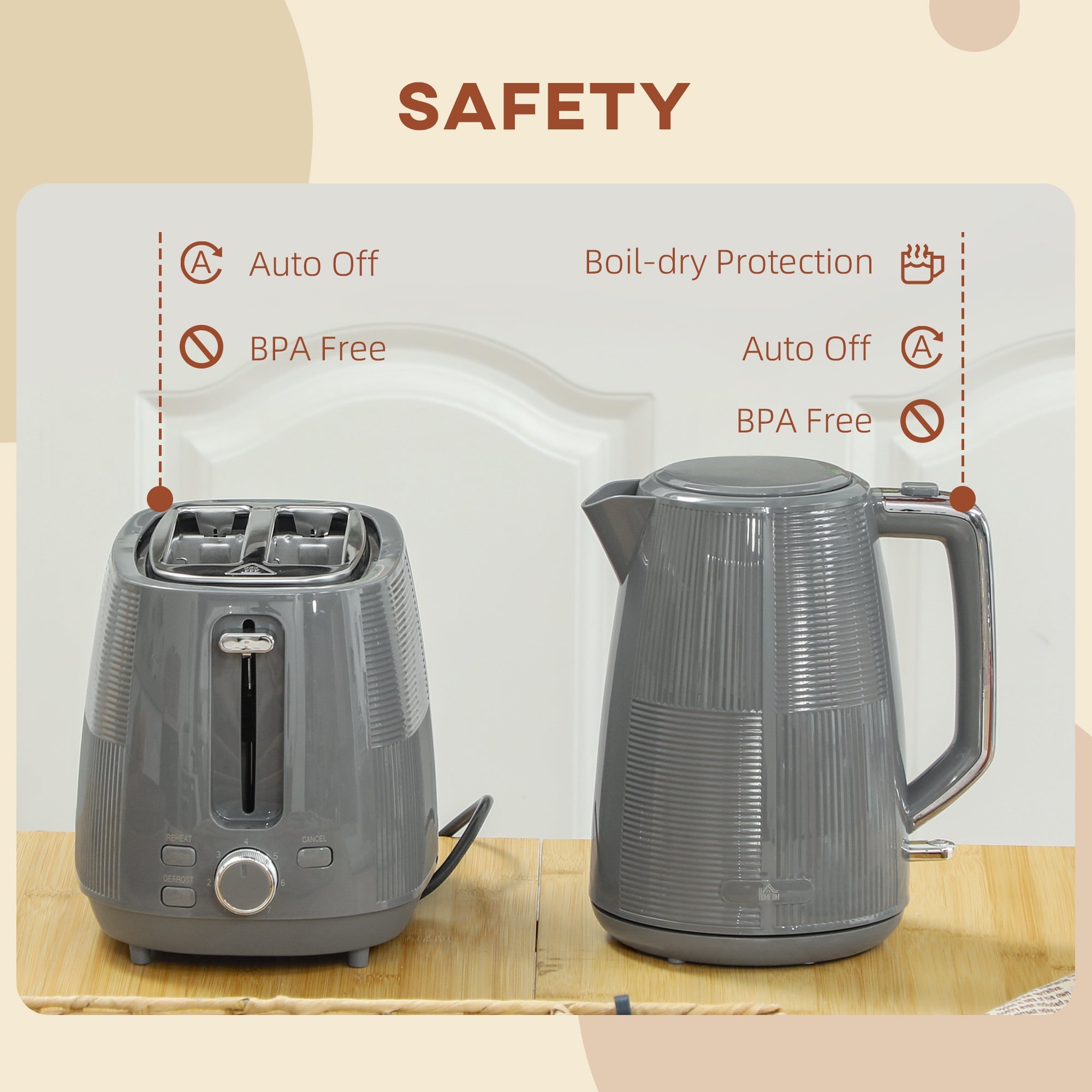 HOMCOM 1.7L Fast Boil Electric Kettle and 2 Slice Water Toaster Set, Grey