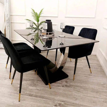 Venus 1.6 Chrome Dining Table with Black Sintered Stone Top With 4 Luna Velvet Dining Chairs