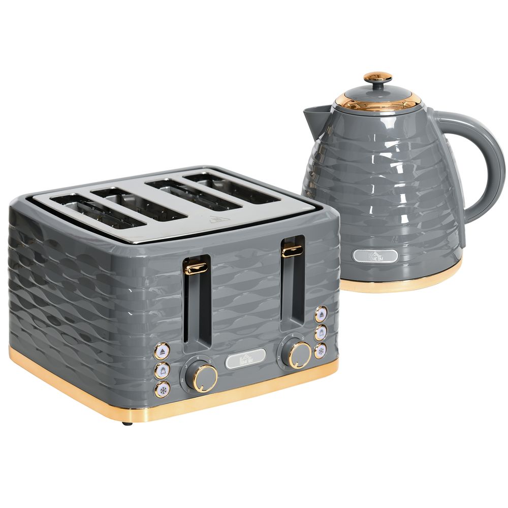 HOMCOM Grey Kettle & Toaster Set - 1.7L Rapid Boil, 4-Slice, Stylish Design - High Quality