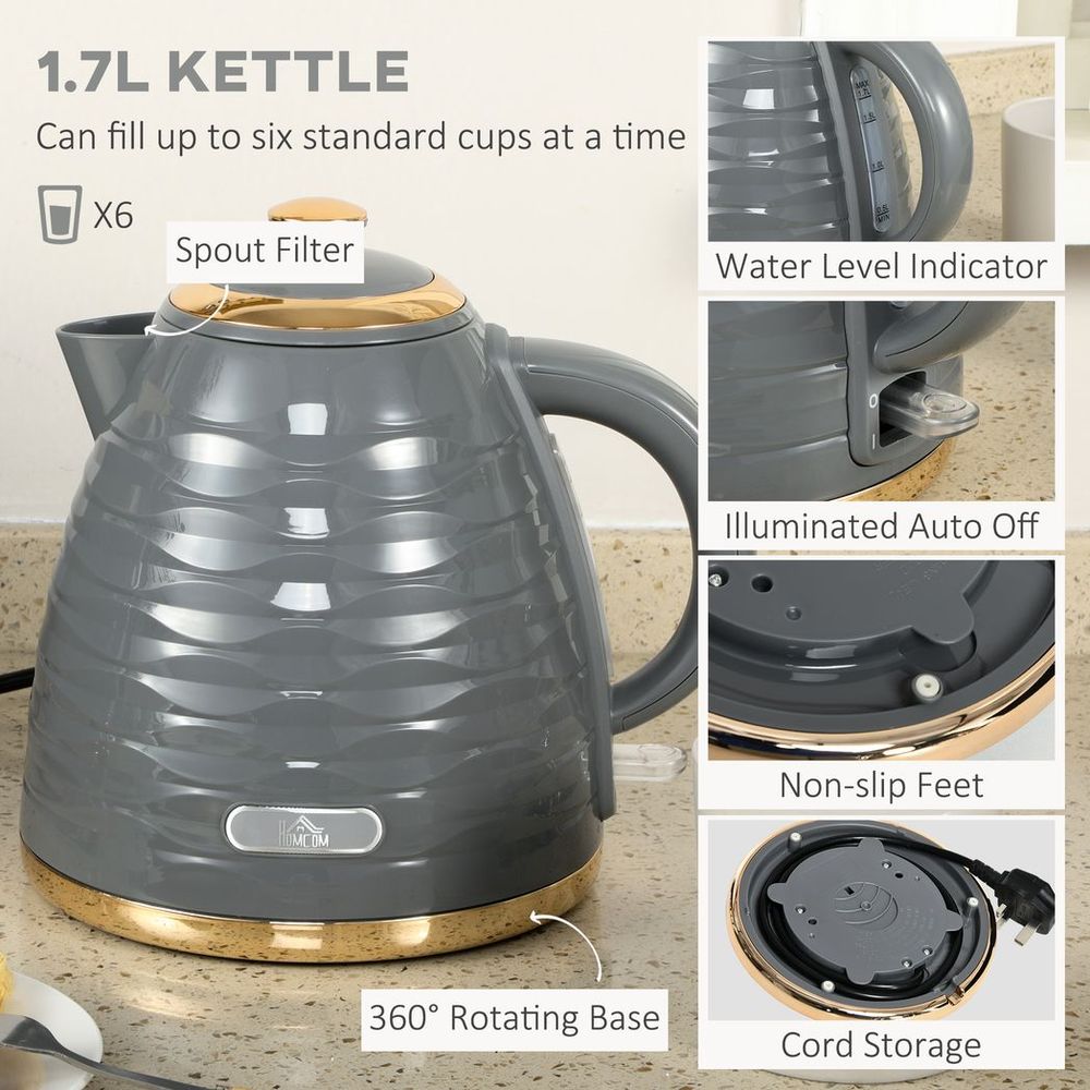 HOMCOM Grey Kettle & Toaster Set - 1.7L Rapid Boil, 4-Slice, Stylish Design - High Quality