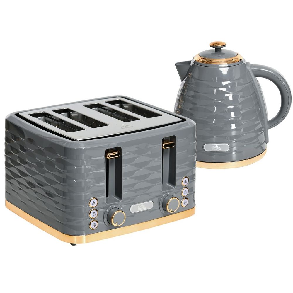 HOMCOM Grey Kettle & Toaster Set - 1.7L Rapid Boil, 4-Slice, Stylish Design - High Quality