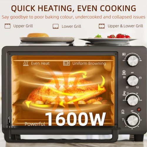 HOMCOM 28L Countertop Toaster Oven with 2 Hot Plates, Grill, Roast, Bake