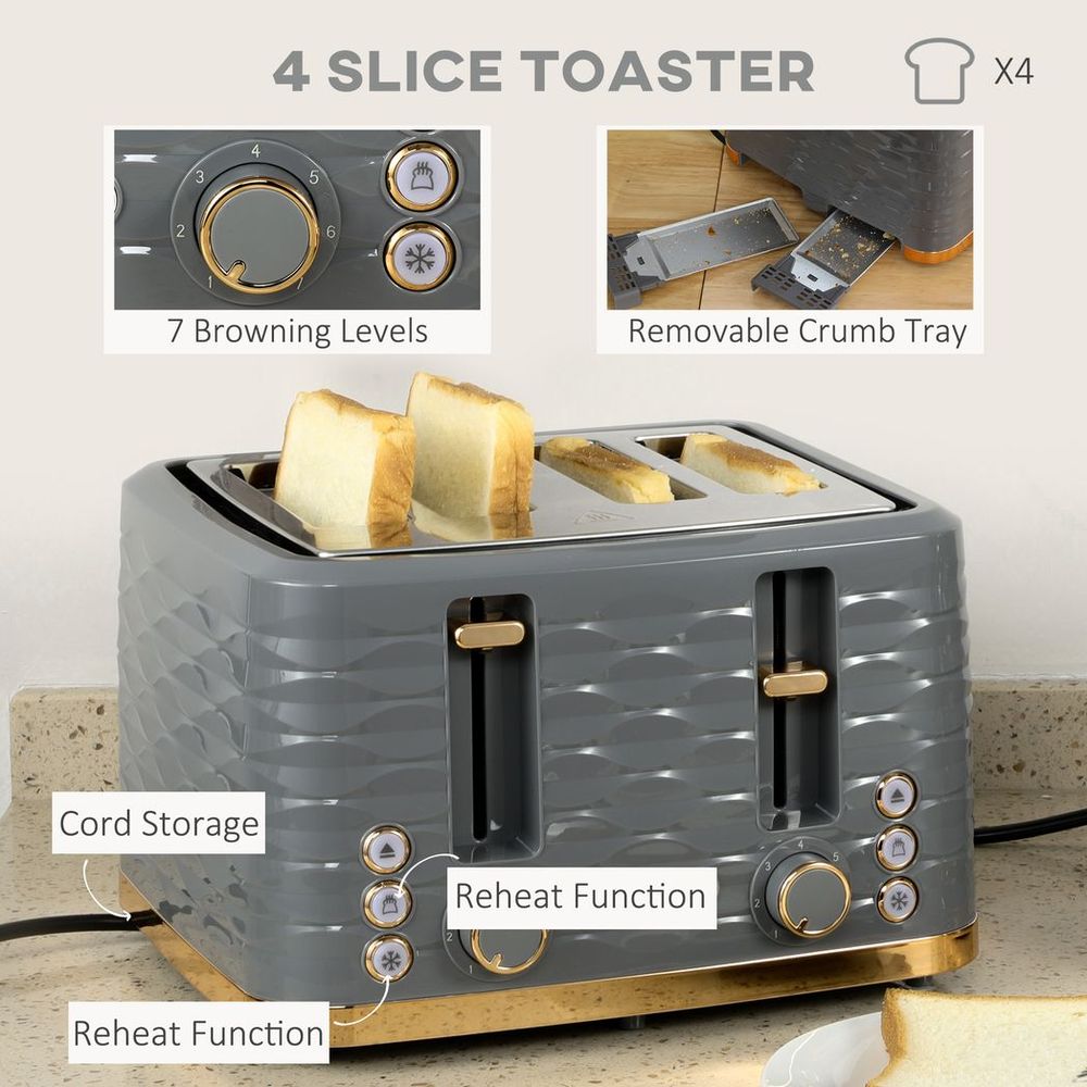 HOMCOM Grey Kettle & Toaster Set - 1.7L Rapid Boil, 4-Slice, Stylish Design - High Quality