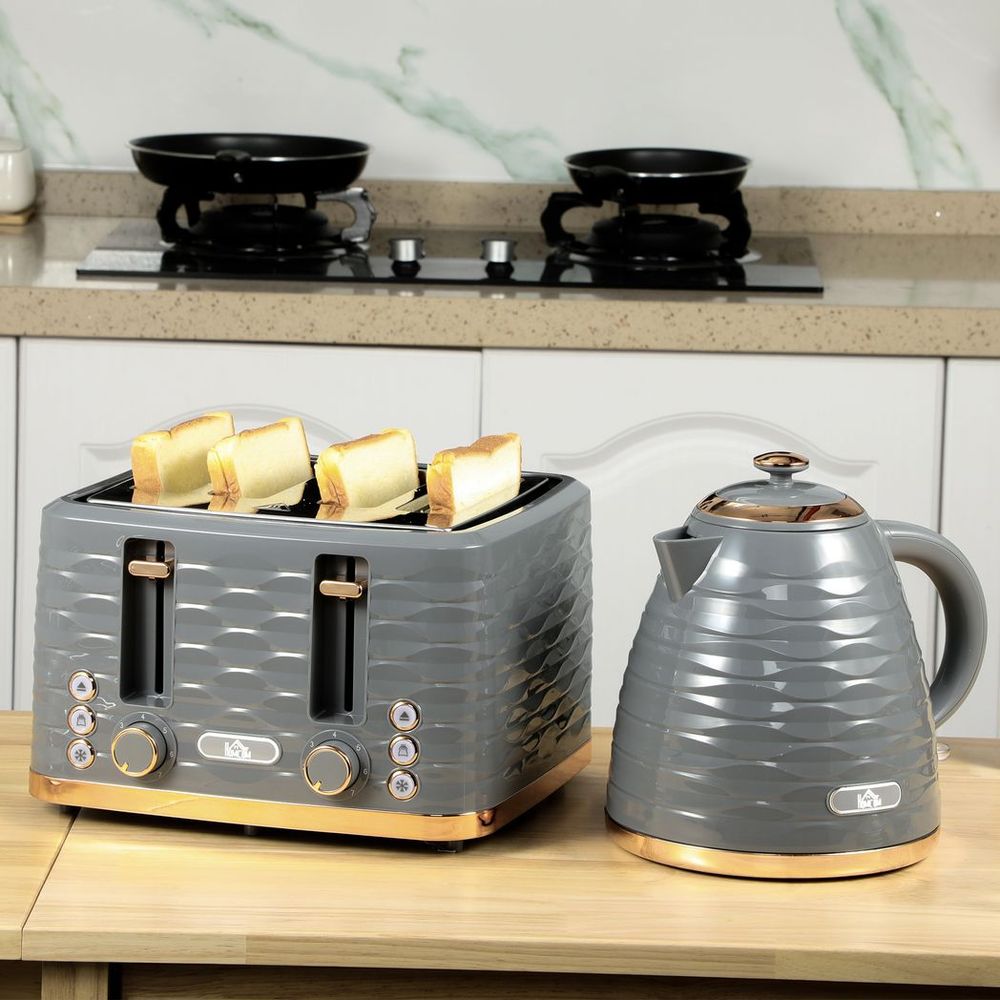 HOMCOM Grey Kettle & Toaster Set - 1.7L Rapid Boil, 4-Slice, Stylish Design - High Quality
