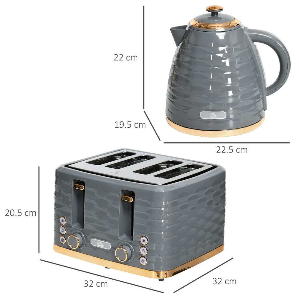 HOMCOM Grey Kettle & Toaster Set - 1.7L Rapid Boil, 4-Slice, Stylish Design - High Quality