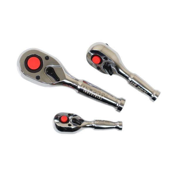 US PRO INDUSTRIAL 3PC Stubby Ratchet Set 90 Tooth 1/4" 3/8" 1/2"Dr Short Wrench 4224
