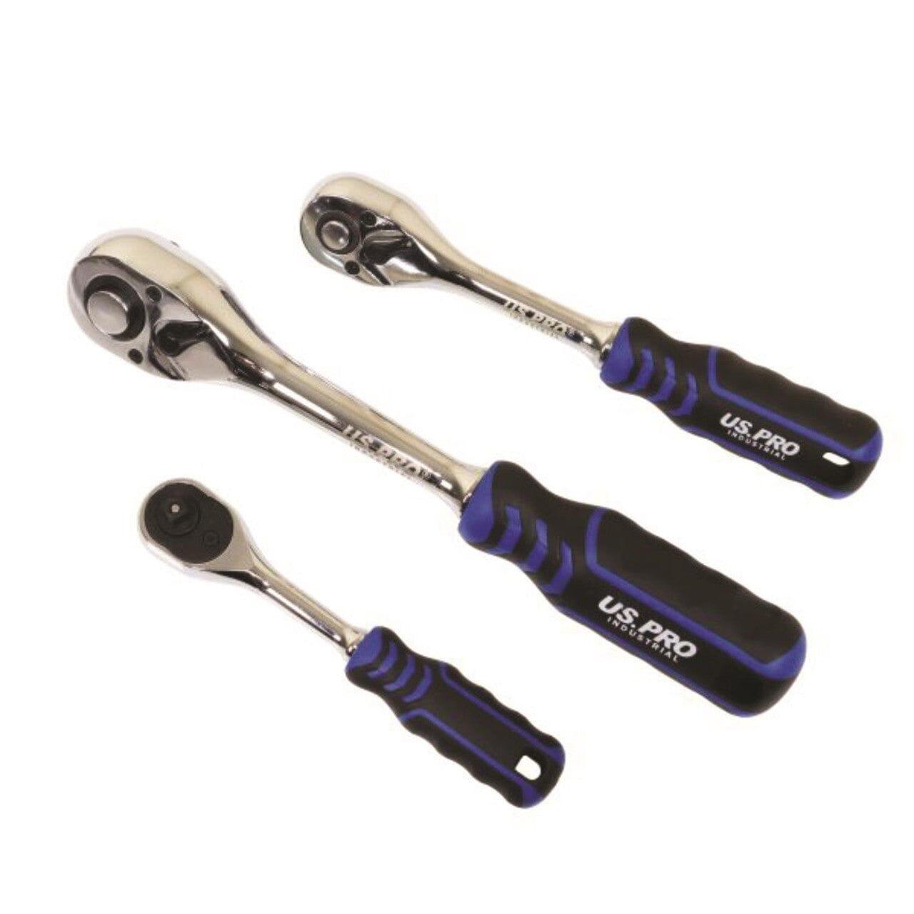 US PRO INDUSTRIAL Ratchet Handle Set 90T 1/4" 3/8" 1/2" Drive Soft Grip Socket Wrenches 4230