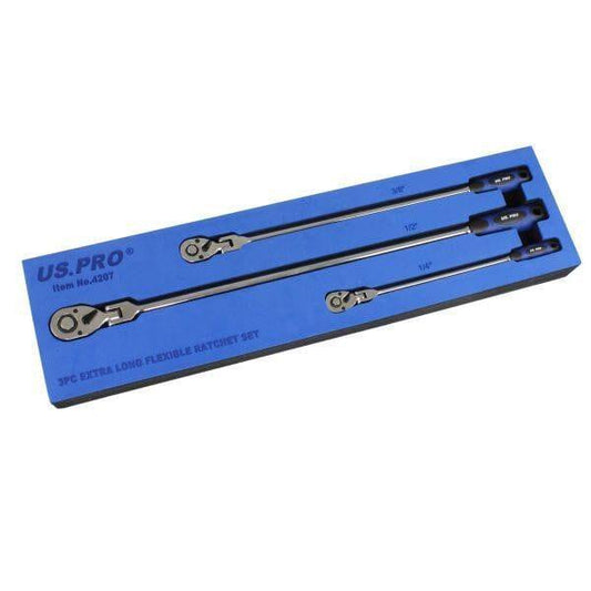 US PRO Tools 3pc Extra Long Flexible Ratchet Set 1/4", 3/8" & 1/2" Drive 4207