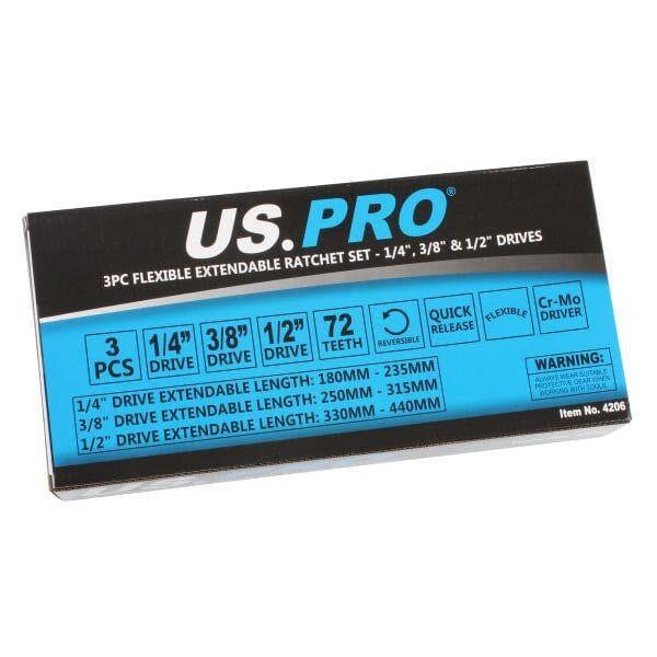 US PRO Tools 3pc Flexible Extendable Ratchet Set 1/4", 3/8" & 1/2" Drives 4206