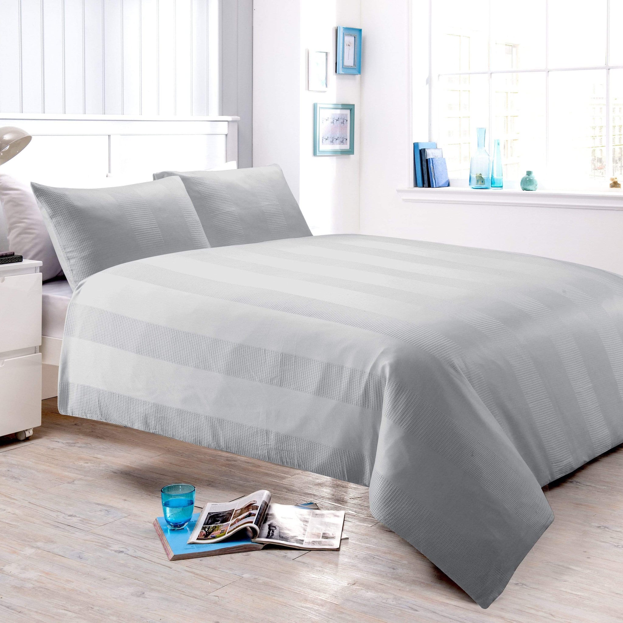 Waffle Stripe Handwoven Jacquard Cotton Rich Duvet Cover Set Luxurious and Comfortable Bedding Available in Multiple Sizes and Colours by OLIVIA ROCCO