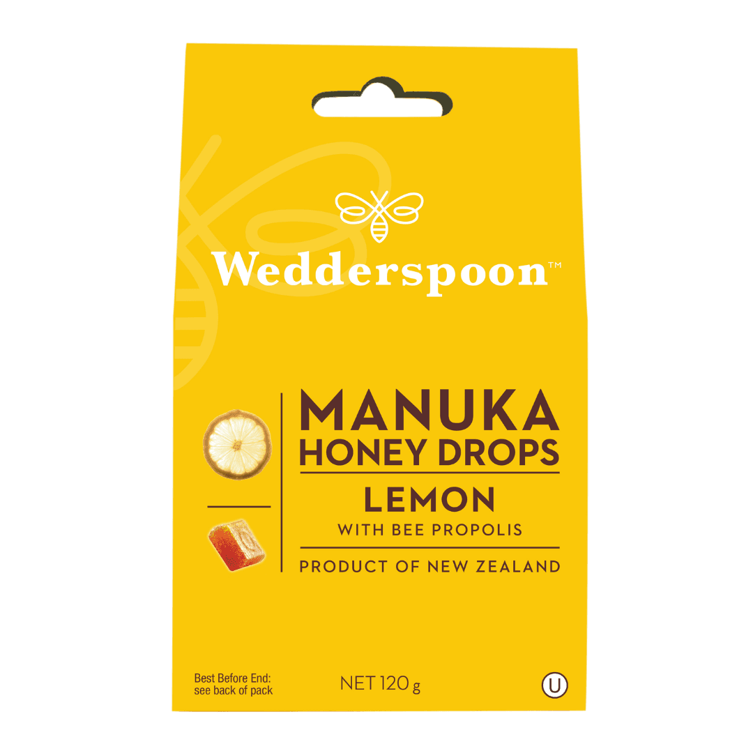 Wedderspoon Manuka Honey Drops – Lemon with Bee Propolis (20 Drops)