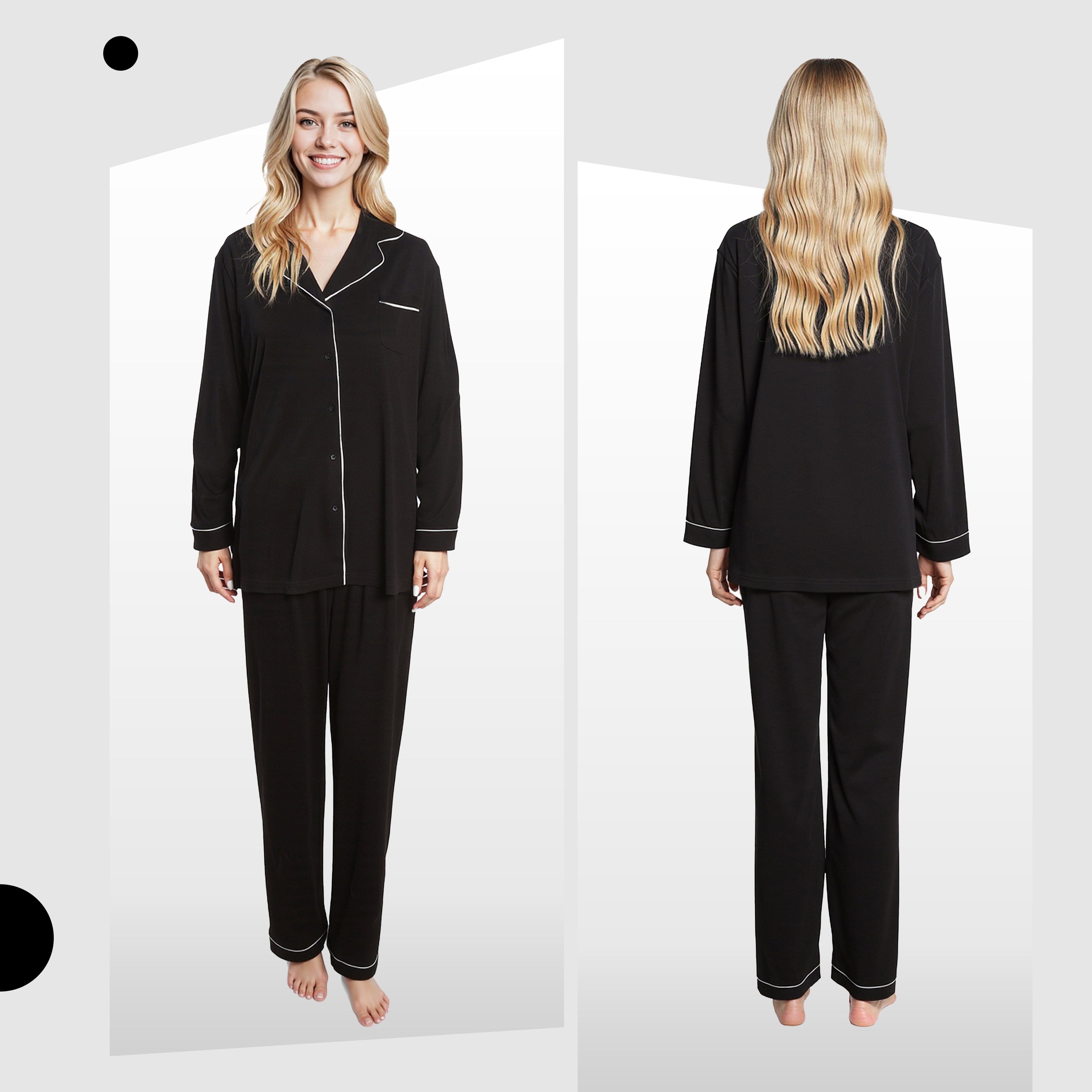 Women's Black Pyjama Set Soft Touch Long Sleeve Button-Up Top & Bottoms Two-Piece Nightwear by Daisy Dreamer