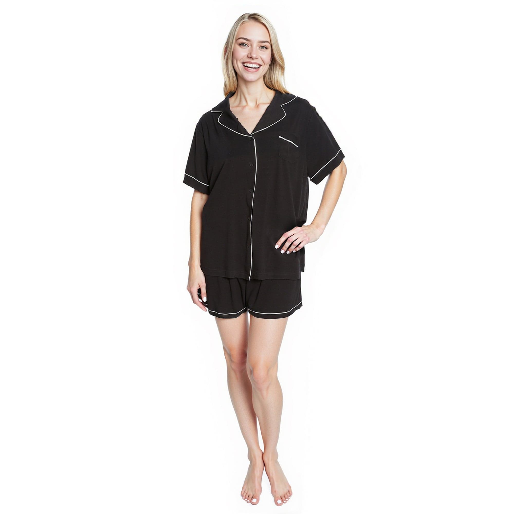 Women's Black Short Pyjama Set Super Soft Sleepwear Nightwear Button Up Top and Shorts with Pockets PJs by Daisy Dreamer