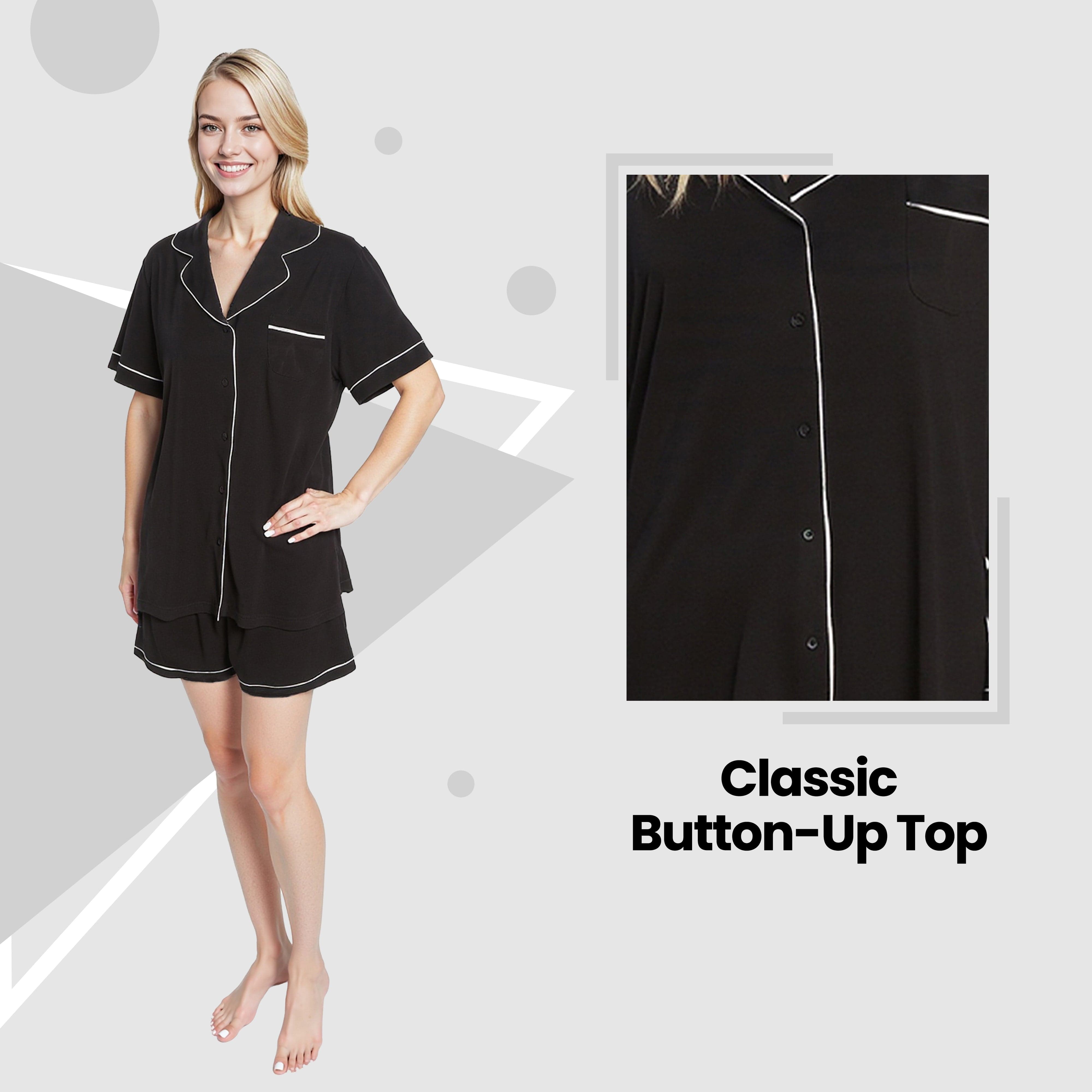 Women's Black Short Pyjama Set Super Soft Sleepwear Nightwear Button Up Top and Shorts with Pockets PJs by Daisy Dreamer