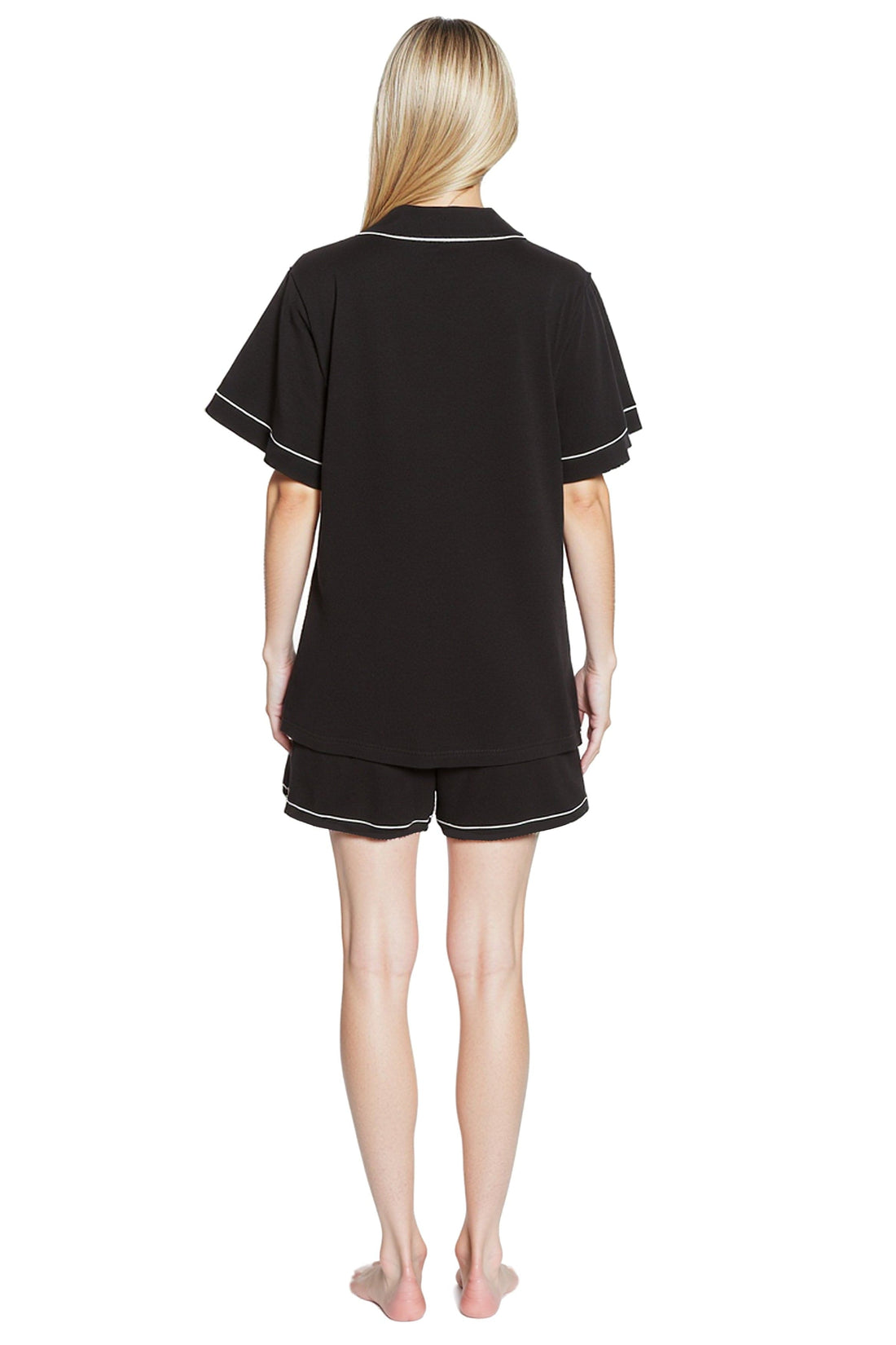 Women's Black Short Pyjama Set Super Soft Sleepwear Nightwear Button Up Top and Shorts with Pockets PJs by Daisy Dreamer