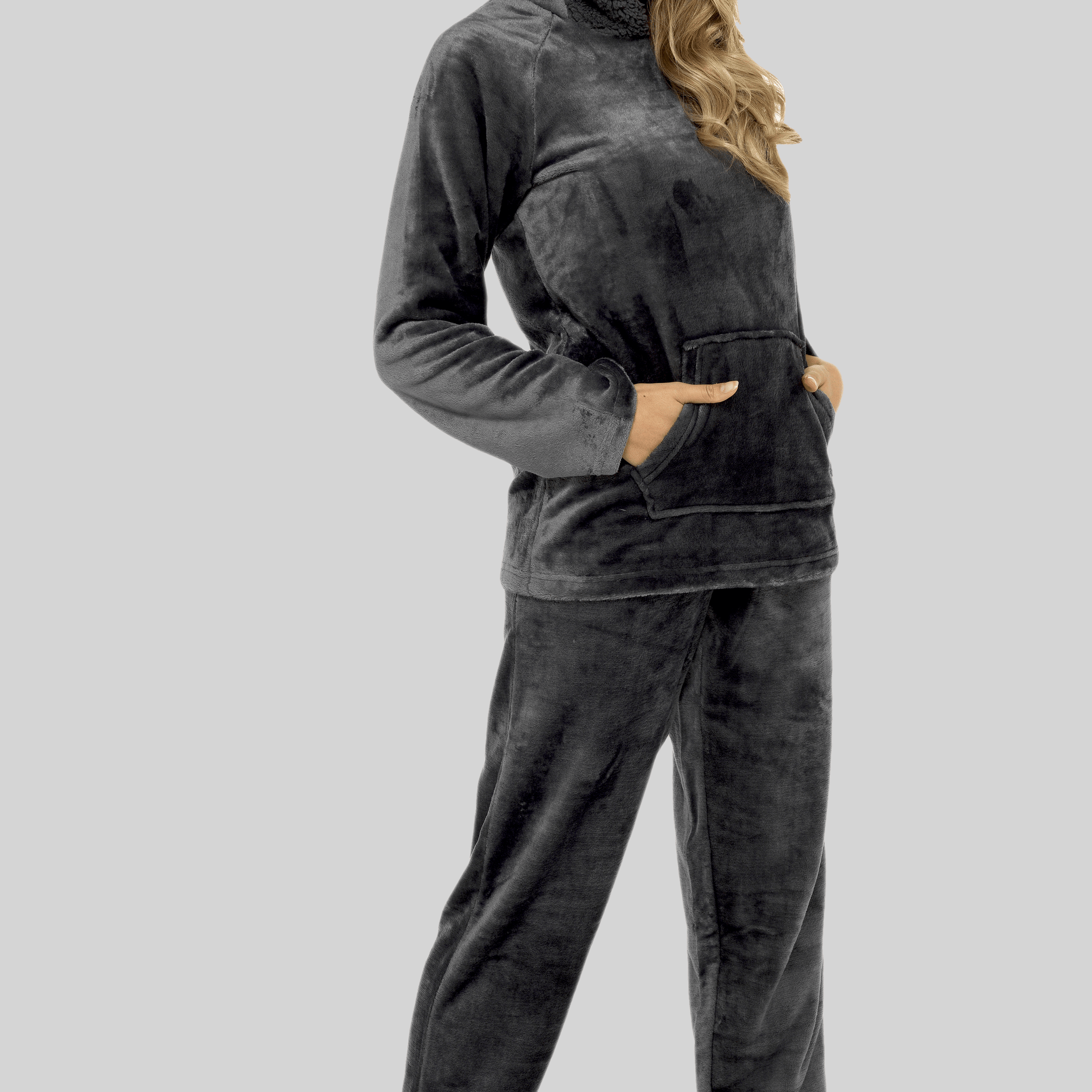 Women's Charcoal Plush Fleece Hooded Pyjama Set with Sherpa Lining Soft Flannel Loungewear Warm Cosy Nightwear Sizes S to XL by Daisy Dreamer