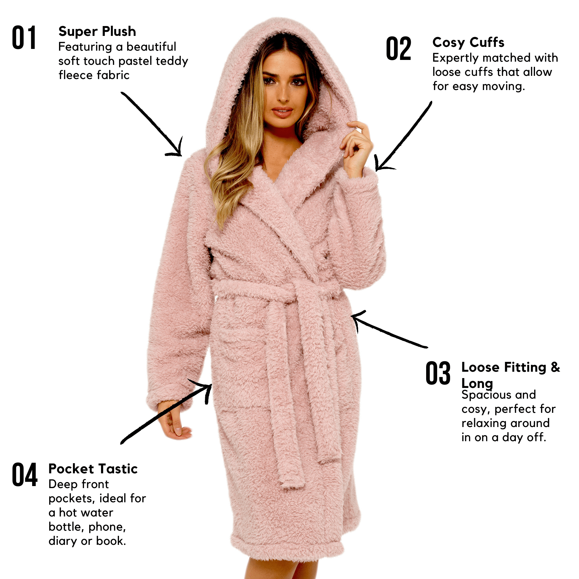 Women's Dusky Pink Teddy Fleece Hooded Robe with Sherpa Lining Ultra-Soft Cosy Dressing Gown for Winter Lounging Various Sizes by Daisy Dreamer