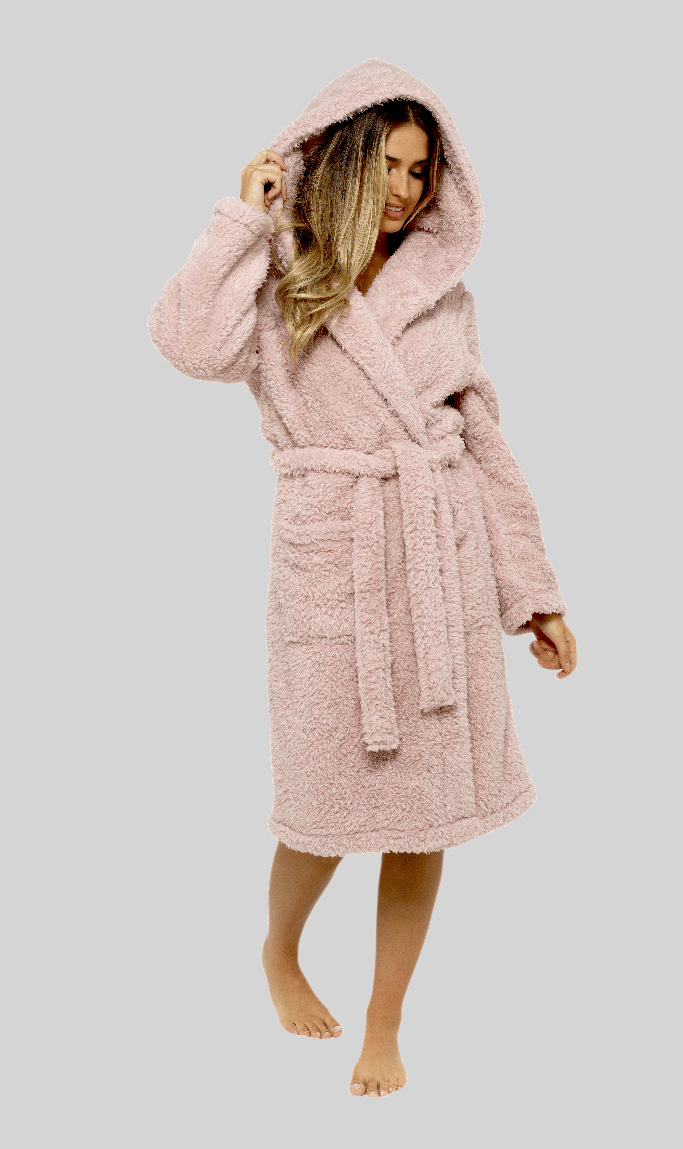 Women's Dusky Pink Teddy Fleece Hooded Robe with Sherpa Lining Ultra-Soft Cosy Dressing Gown for Winter Lounging Various Sizes by Daisy Dreamer