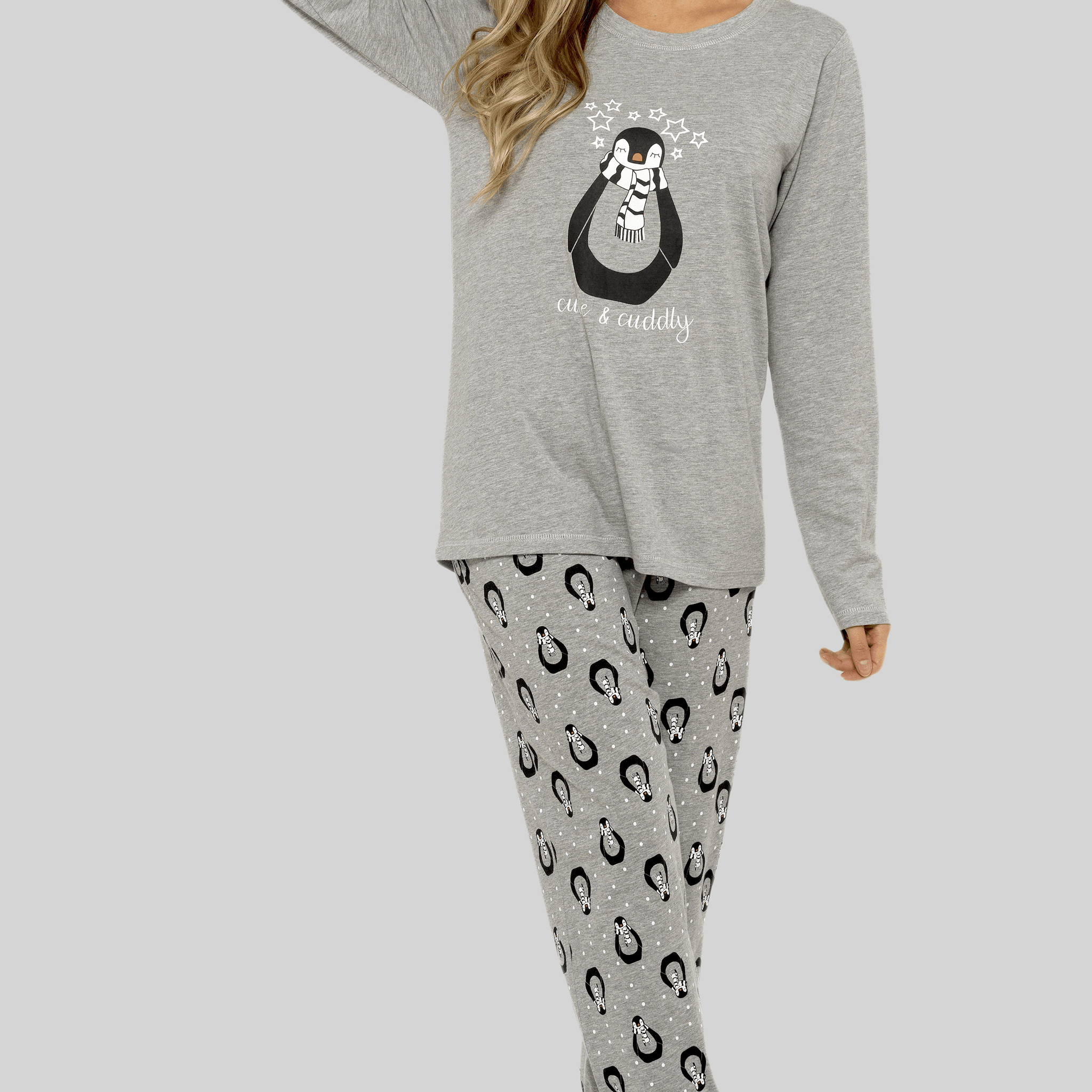 Women's Grey Cotton Pyjama Set Penguin Stars Design Soft Long Sleeve Top and Elasticated Bottoms Stylish Nightwear by Daisy Dreamer