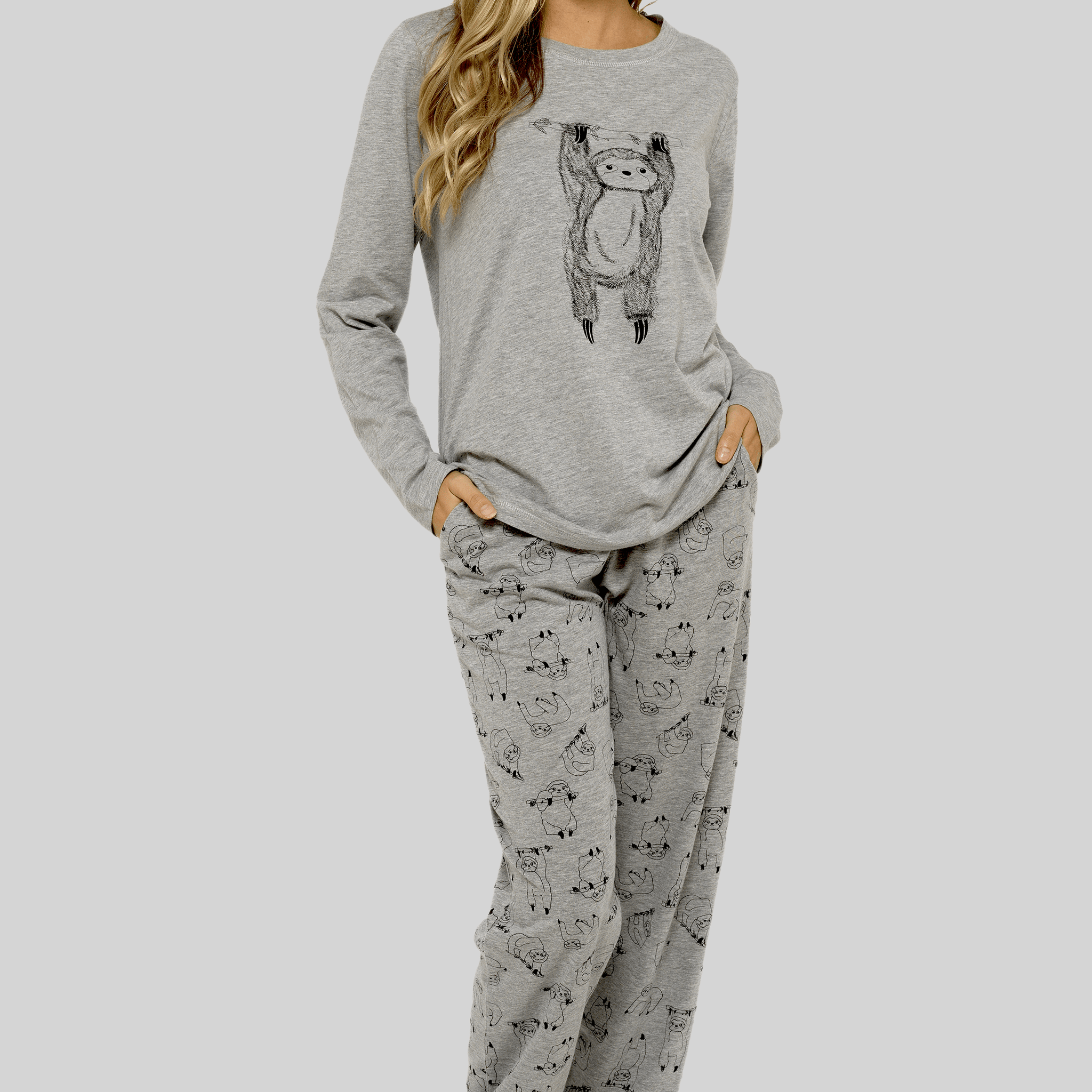Women's Grey Cotton Pyjama Set with Lazy Sloth Design Long Sleeve Comfortable Sleepwear Cute Nightwear Ideal Gift for Her by Daisy Dreamer
