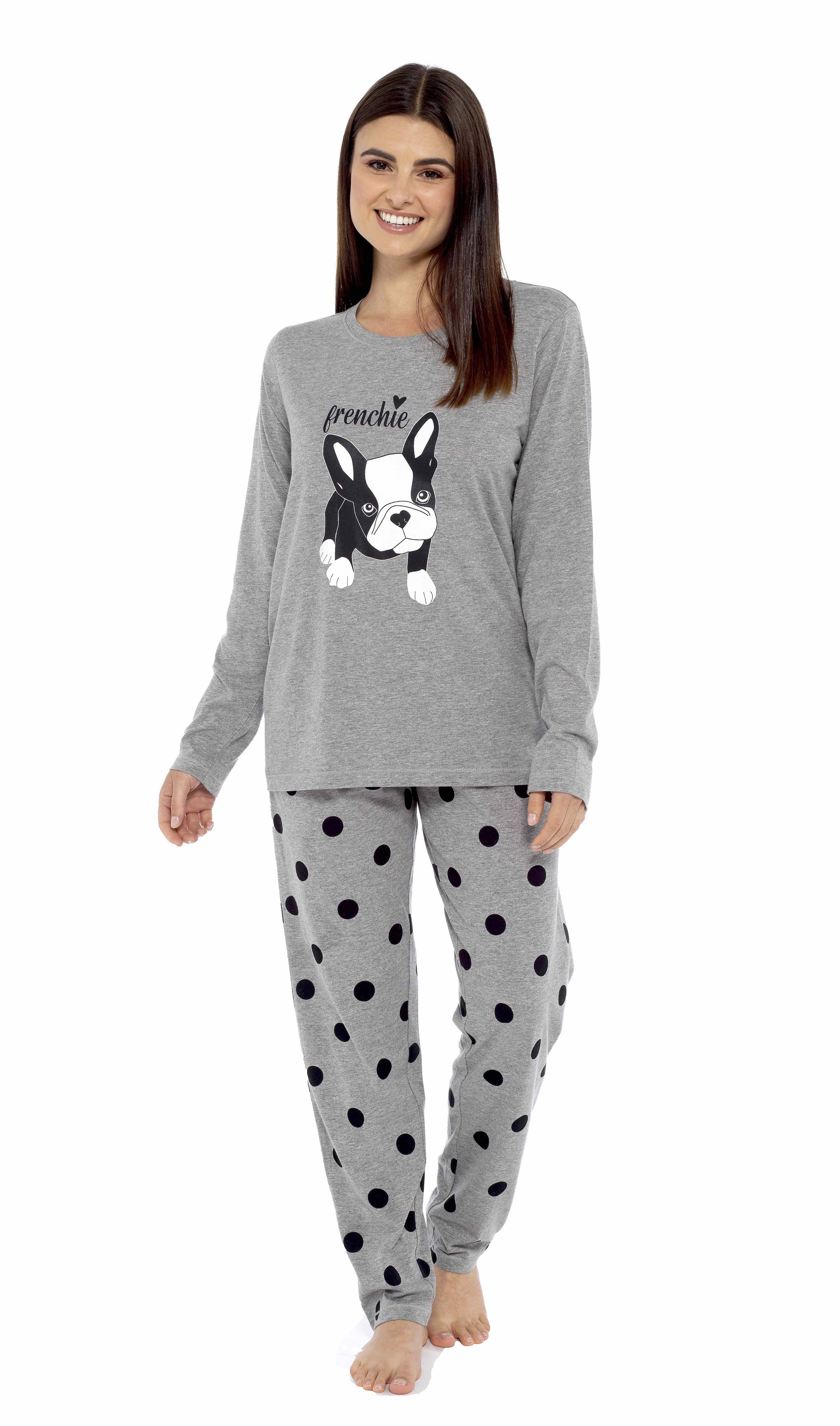 Women's Grey Cotton Pyjama Set with Polka Dot Pants and Frenchie Pugs Print, Long Sleeve Top, Comfortable Loungewear, Soft Breathable Fabric, Hypoallergenic, Stylish Sleepwear by Daisy Dreamer