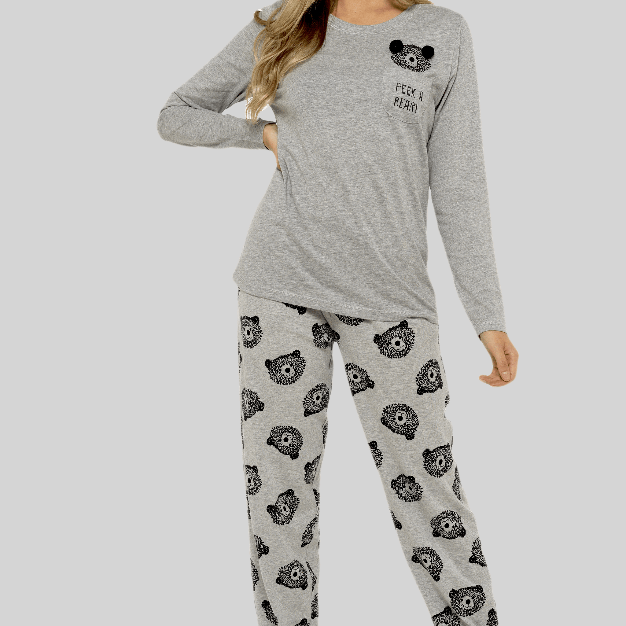Women's Grey Cotton Pyjama Set with Teddy Bear Design Soft Jersey Long Sleeve Top and Elasticated Bottoms Cosy Breathable Nightwear Loungewear Various Sizes by Daisy Dreamer