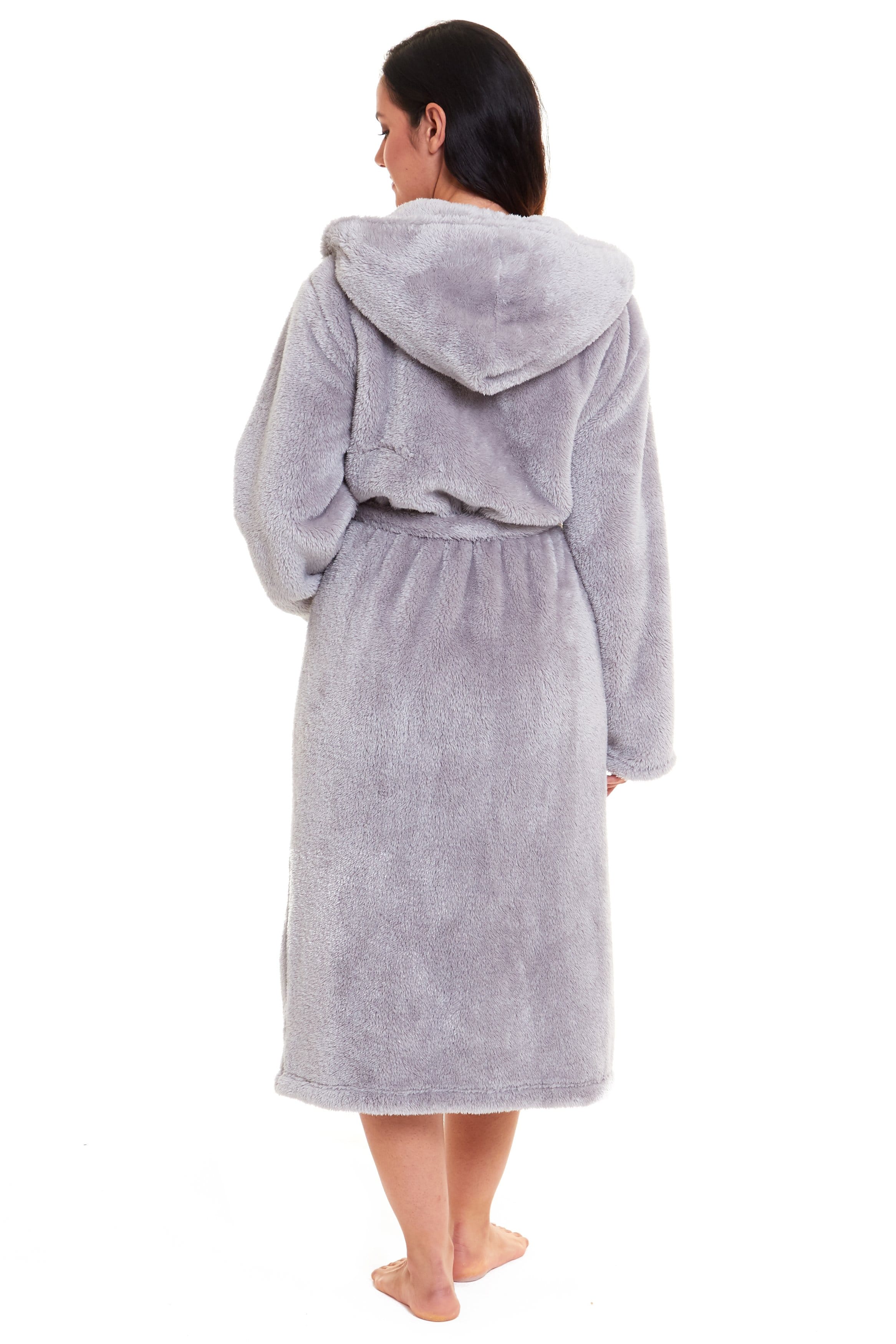 Women's Grey Snuggle Fleece Touch Hooded Robe Luxurious Soft Loungewear Cosy Durable Dressing Gown UK Sizes 8-22 by Daisy Dreamer