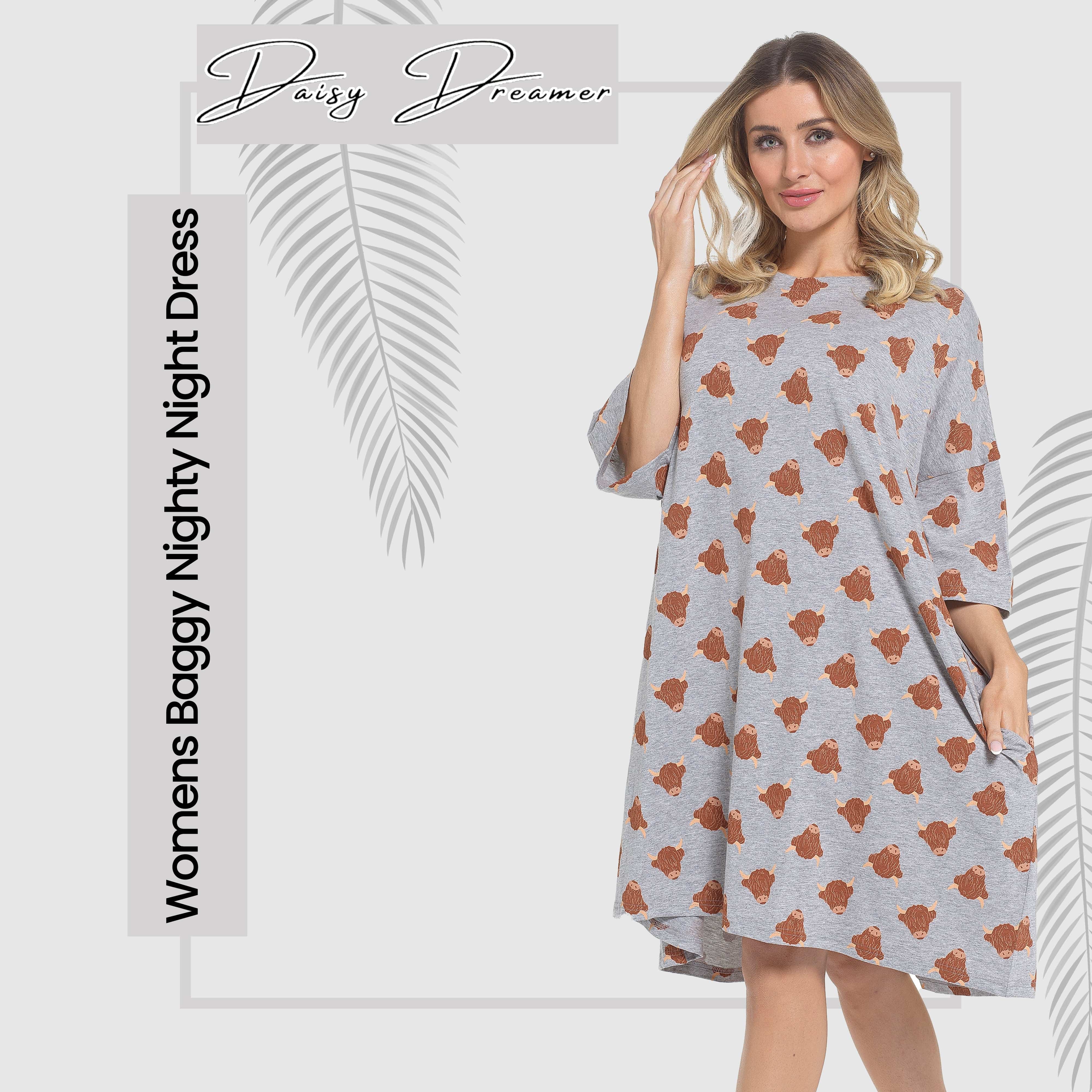 Women's Highland Cow Cream Baggy Nighty Dress Oversized T-Shirt Nighties 100% Cotton Short Sleeved Nightshirt for Ladies by Daisy Dreamer