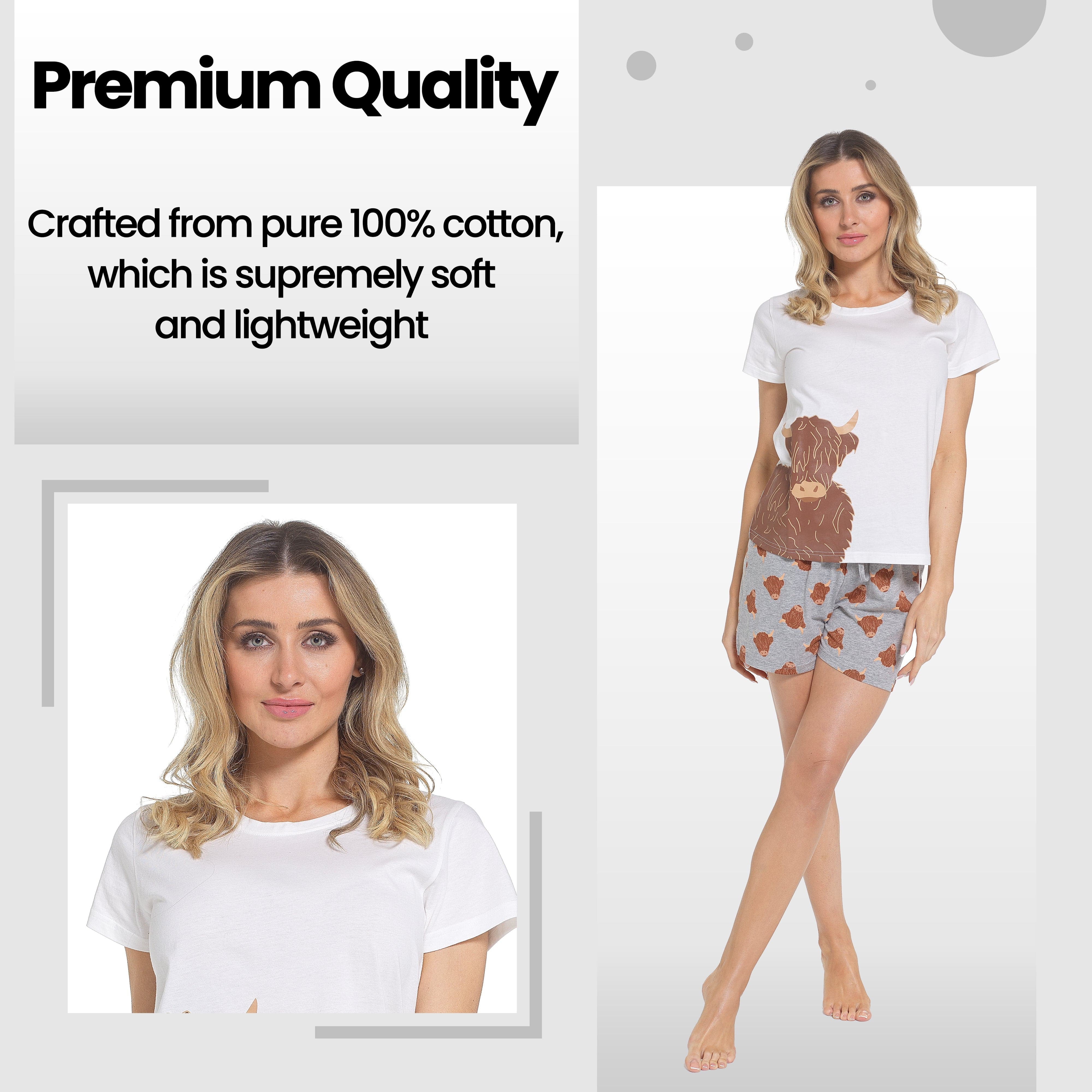 Women's Highland Cow Pyjama Set T-Shirt & Shorts PJs Soft Cotton Loungewear Summer Holiday Sleepwear by Daisy Dreamer