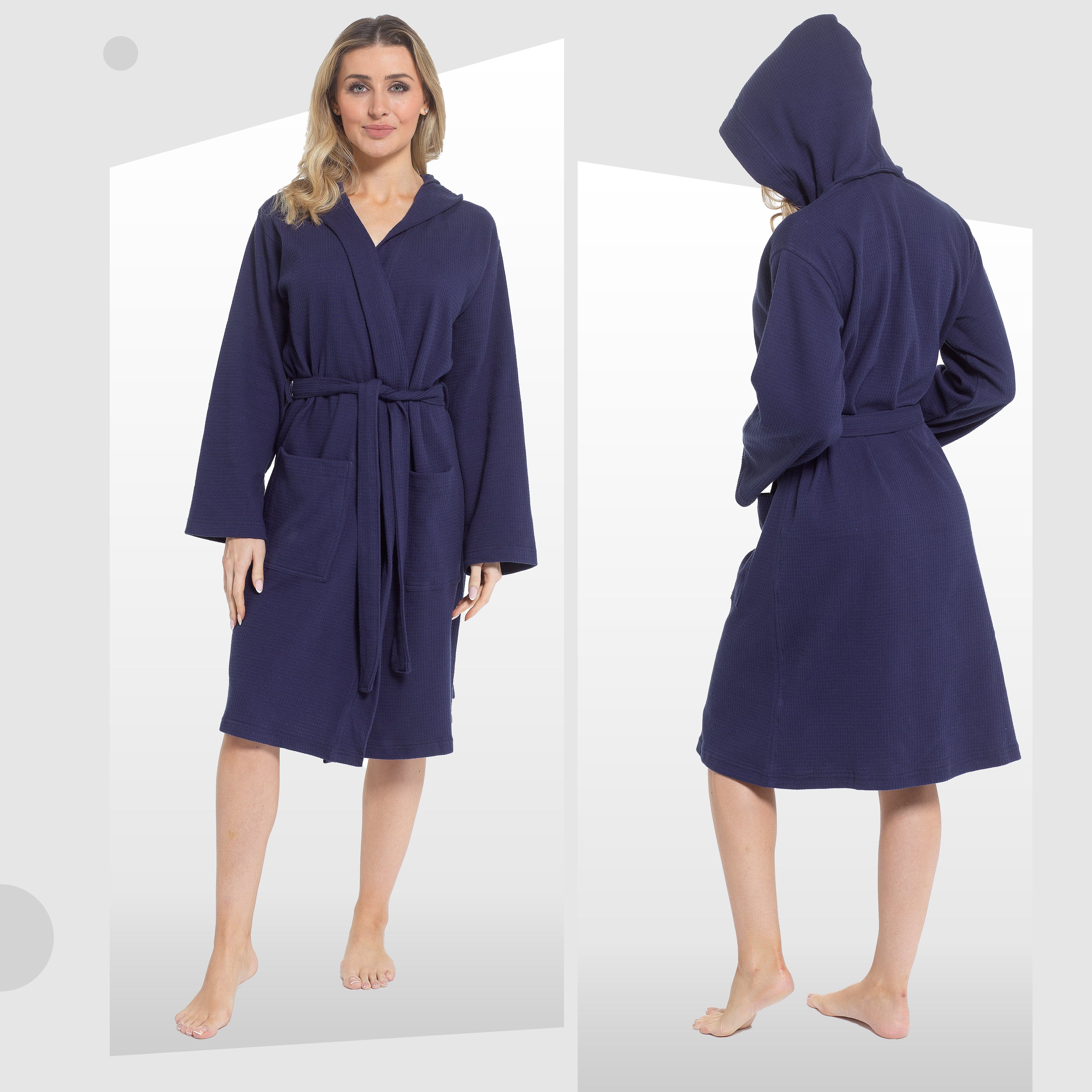 Women's Hooded Waffle Cotton Bathrobe Navy Super Absorbent Spa Dressing Gown for Home Lounge & Travel by Daisy Dreamer