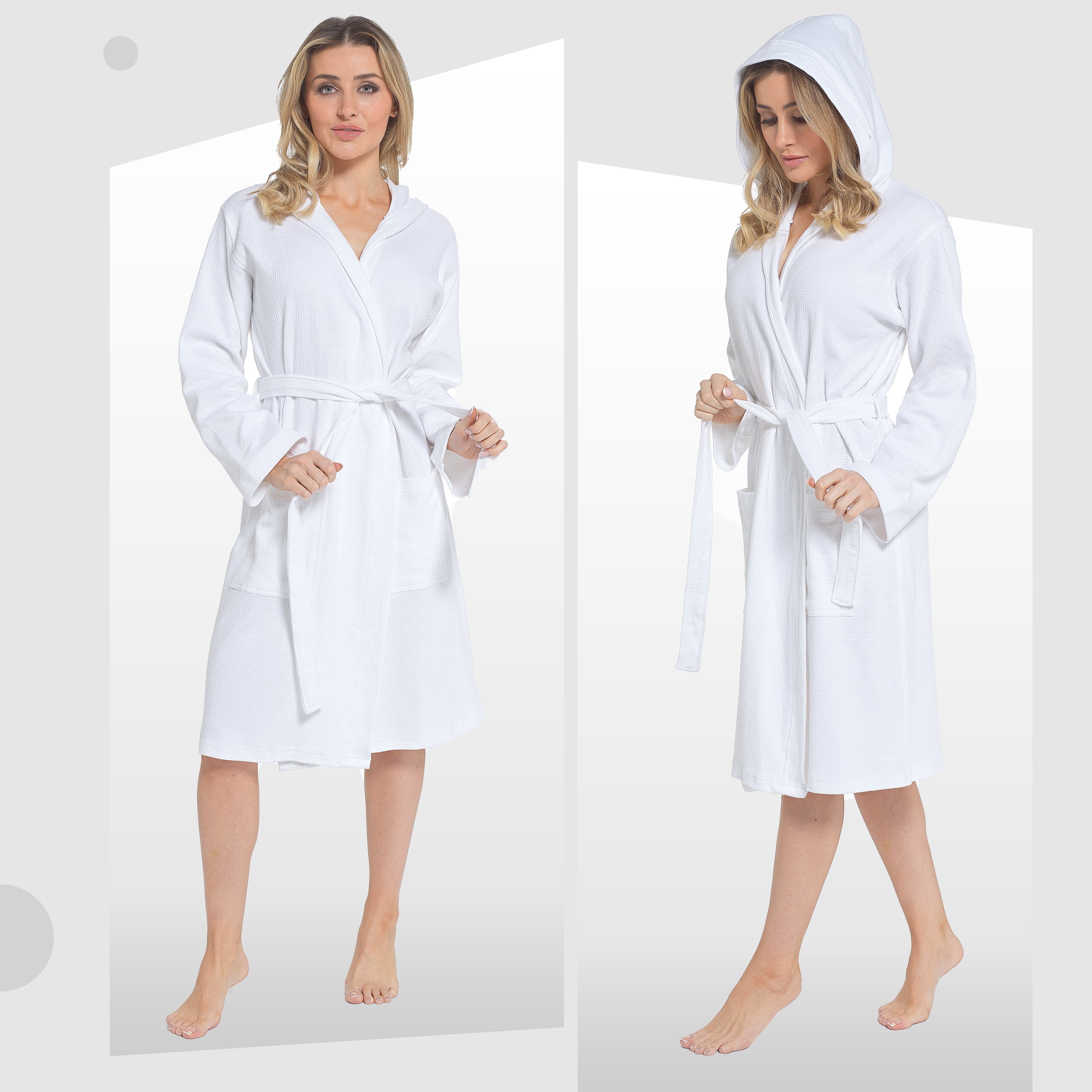 Women's Hooded Waffle Cotton Bathrobe White Super Absorbent Spa Dressing Gown for Home Lounge & Travel by Daisy Dreamer