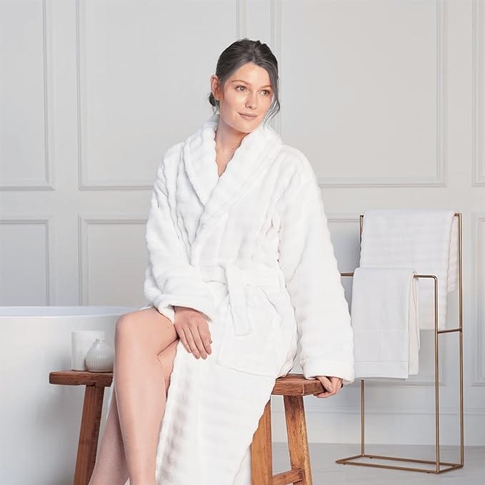 Women's Hydro Ribbed Ultra Soft 100% Cotton Hooded Bath Robes with Pockets and Belt Luxury Terry Towelling Loungewear Sleepwear in White and Grey by OLIVIA ROCCO