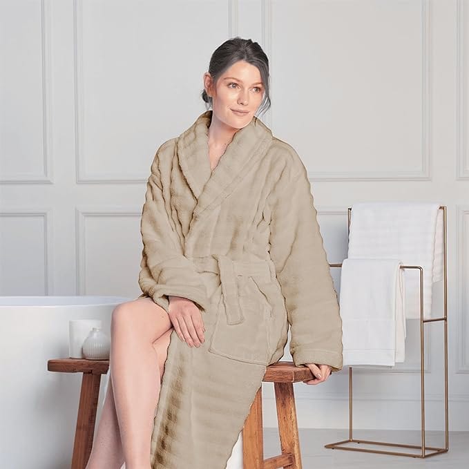 Women's Hydro Ribbed Ultra Soft 100% Cotton Hooded Bath Robes with Pockets and Belt Luxury Terry Towelling Loungewear Sleepwear in White and Grey by OLIVIA ROCCO