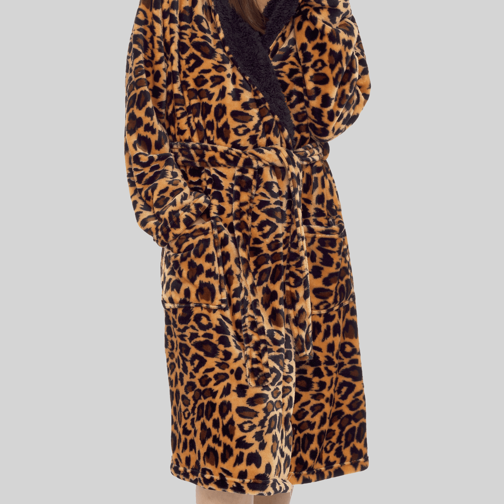 Women's Leopard Plush Fleece Hooded Robe with Sherpa Lining Warm Nightwear UK Sizes 8-22 by Daisy Dreamer