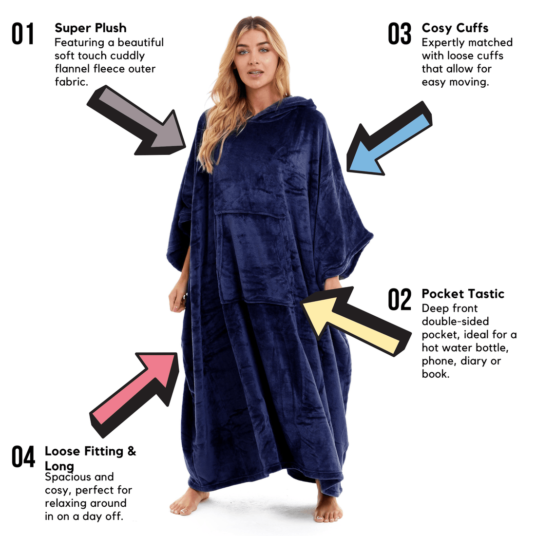 Women's Oversized Hooded Poncho Blanket Ultra-Soft Plush Fleece Giant Hoodie Sweatshirt Navy and Charcoal Lounge Wear with Double Front Pocket for Indoor and Outdoor Use by Daisy Dreamer