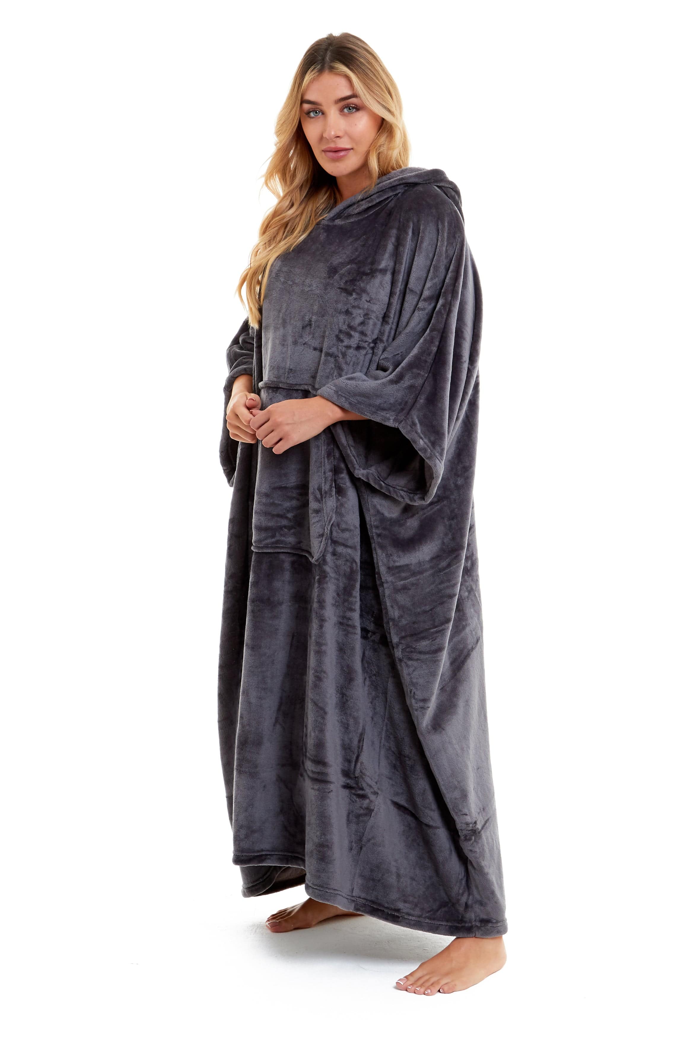 Women's Oversized Hooded Poncho Blanket Ultra-Soft Plush Fleece Giant Hoodie Sweatshirt Navy and Charcoal Lounge Wear with Double Front Pocket for Indoor and Outdoor Use by Daisy Dreamer