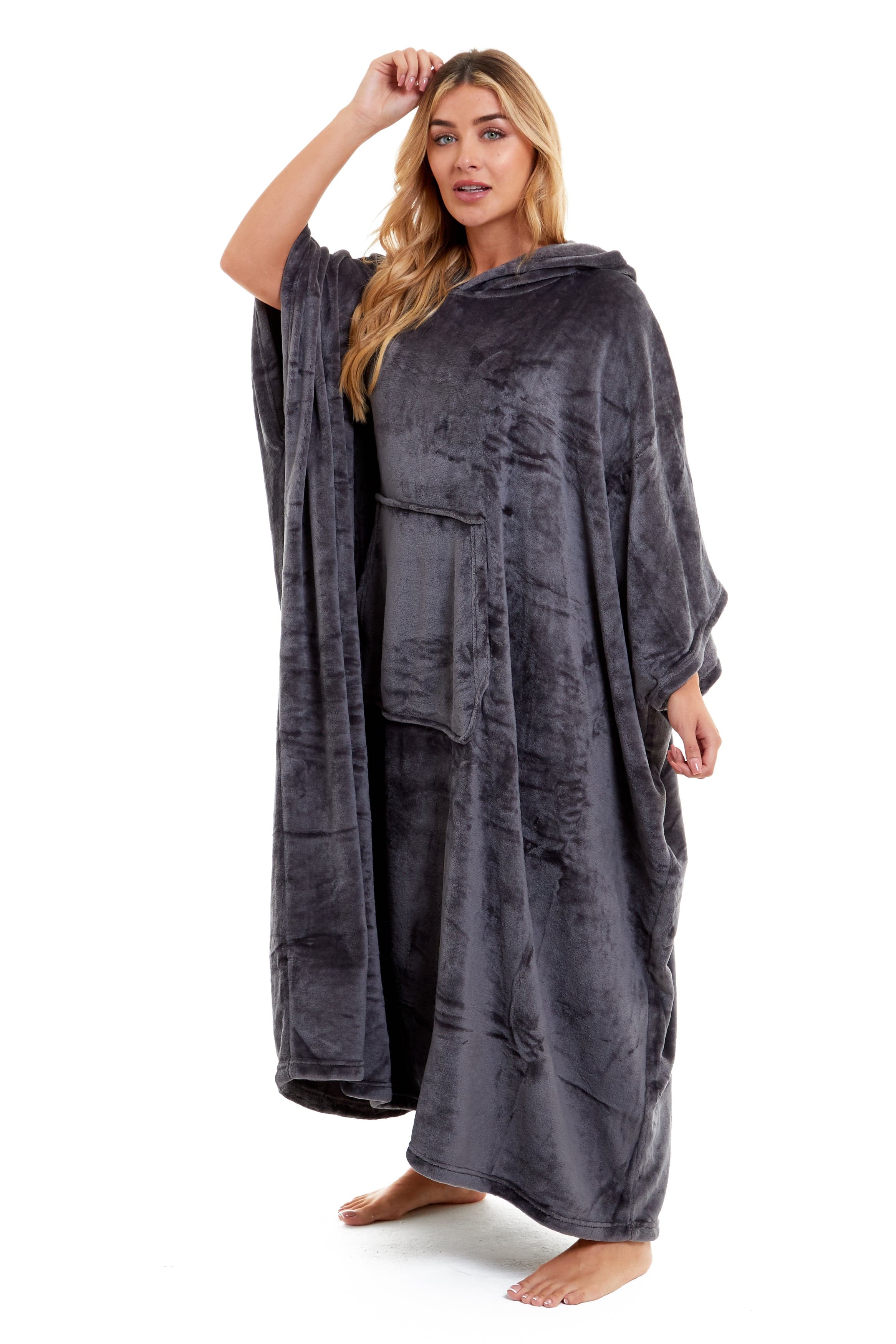 Women's Oversized Hooded Poncho Blanket Ultra-Soft Plush Fleece Giant Hoodie Sweatshirt Navy and Charcoal Lounge Wear with Double Front Pocket for Indoor and Outdoor Use by Daisy Dreamer
