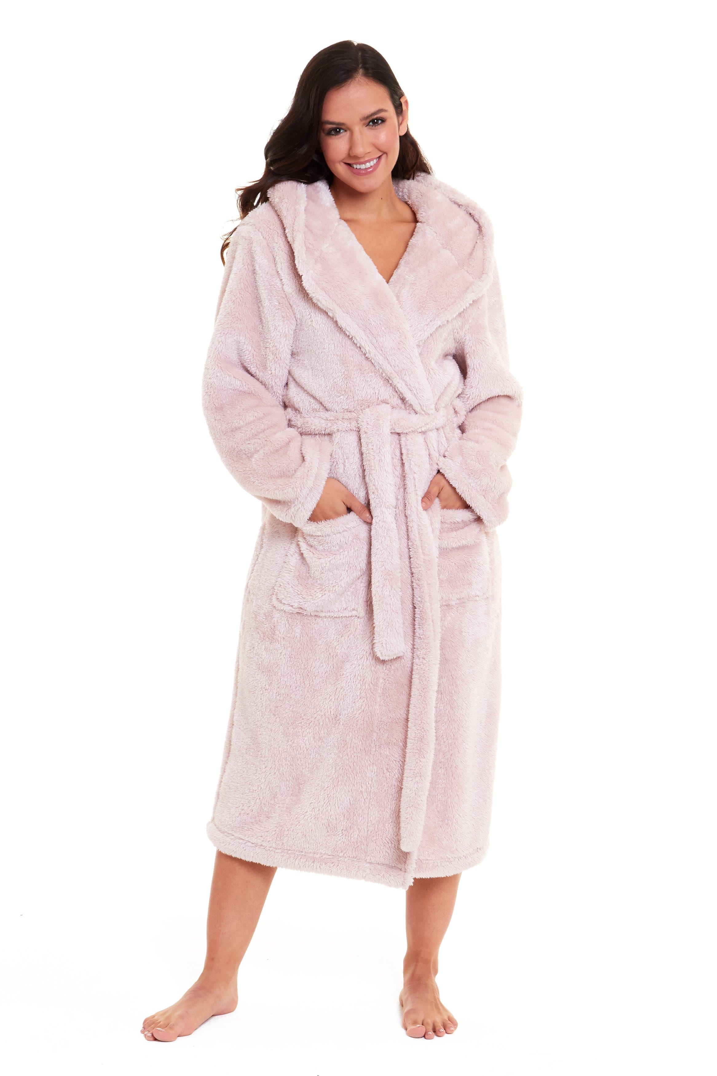 Women's Pink Snuggle Fleece Touch Hooded Robe Luxurious Soft Loungewear Cosy Durable Dressing Gown UK Sizes 8-22 by Daisy Dreamer